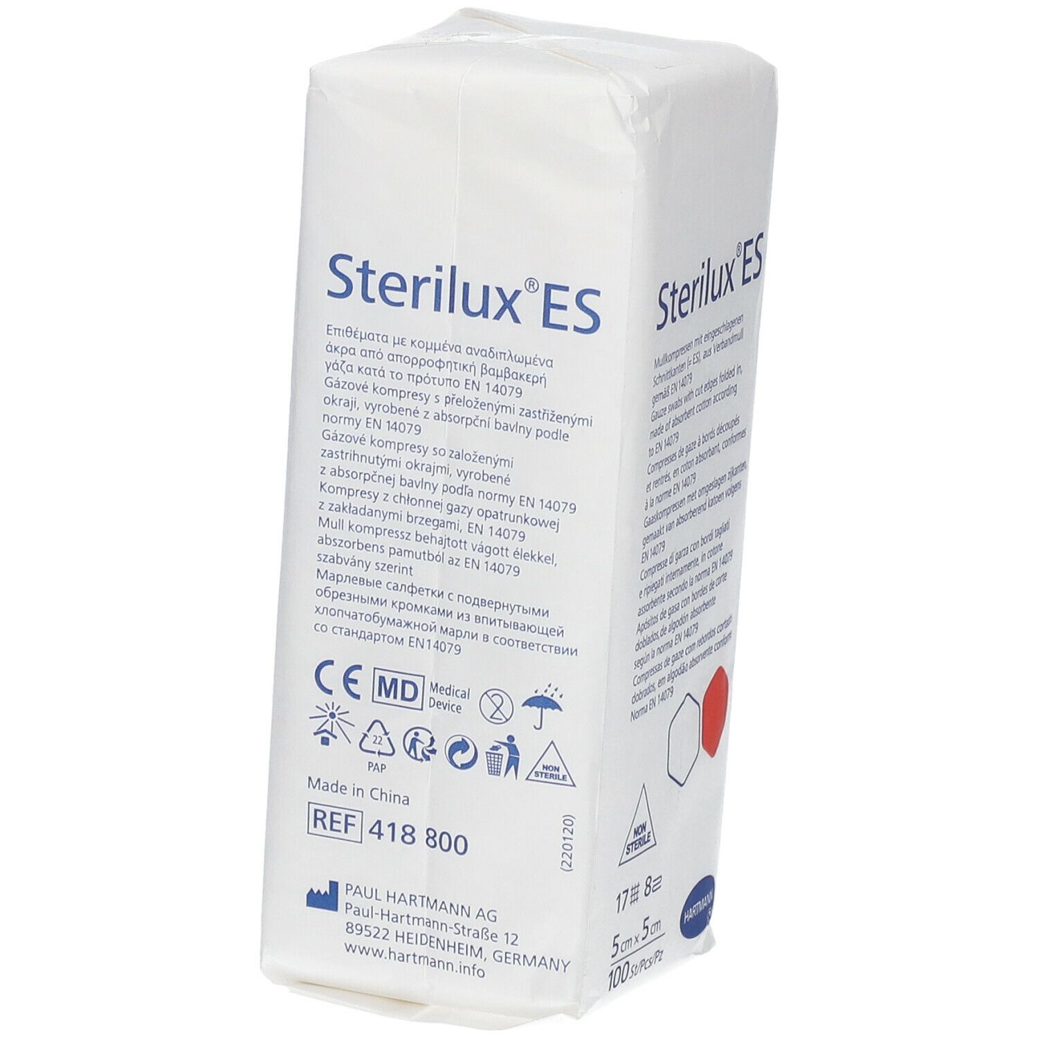 Emballage de compresses Sterilux ES, 5x5 cm, 100 pièces. Marquage CE et symbole dispositif médical.