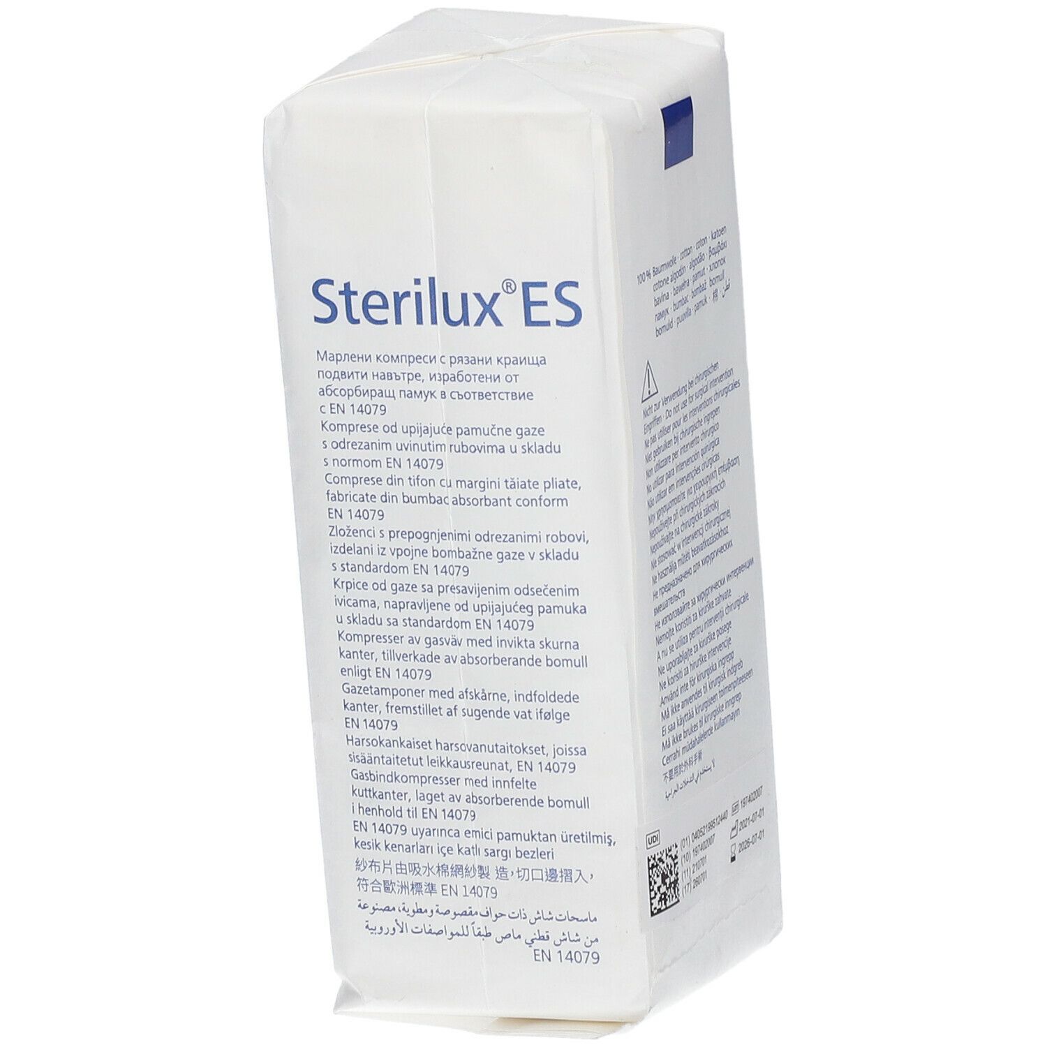 Emballage de compresses Sterilux ES. Texte multilingue. Marquage CE.