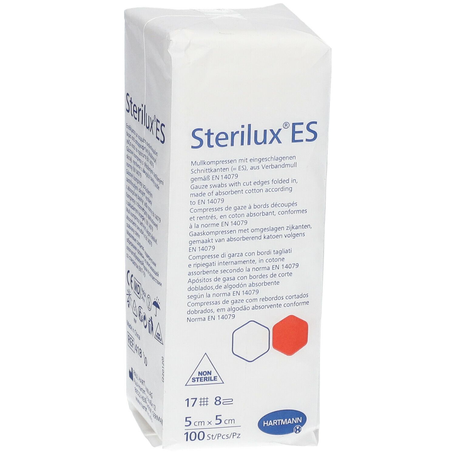 Emballage de compresses Sterilux ES, 5x5 cm, 100 pièces. Logo Hartmann. Non stérile.