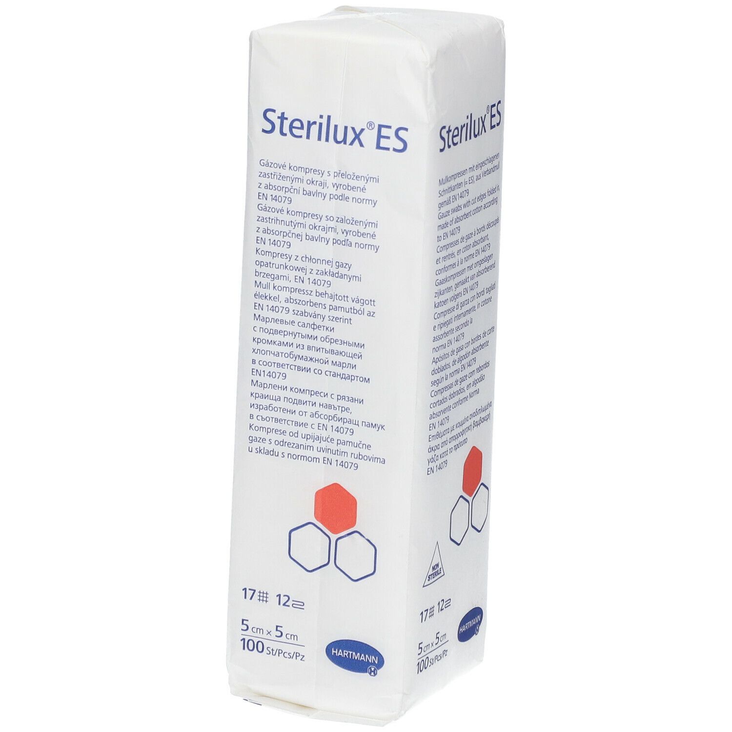 Emballage de compresses Sterilux ES. Dimensions 5x5cm. 100 pièces par paquet. Marque HARTMANN.