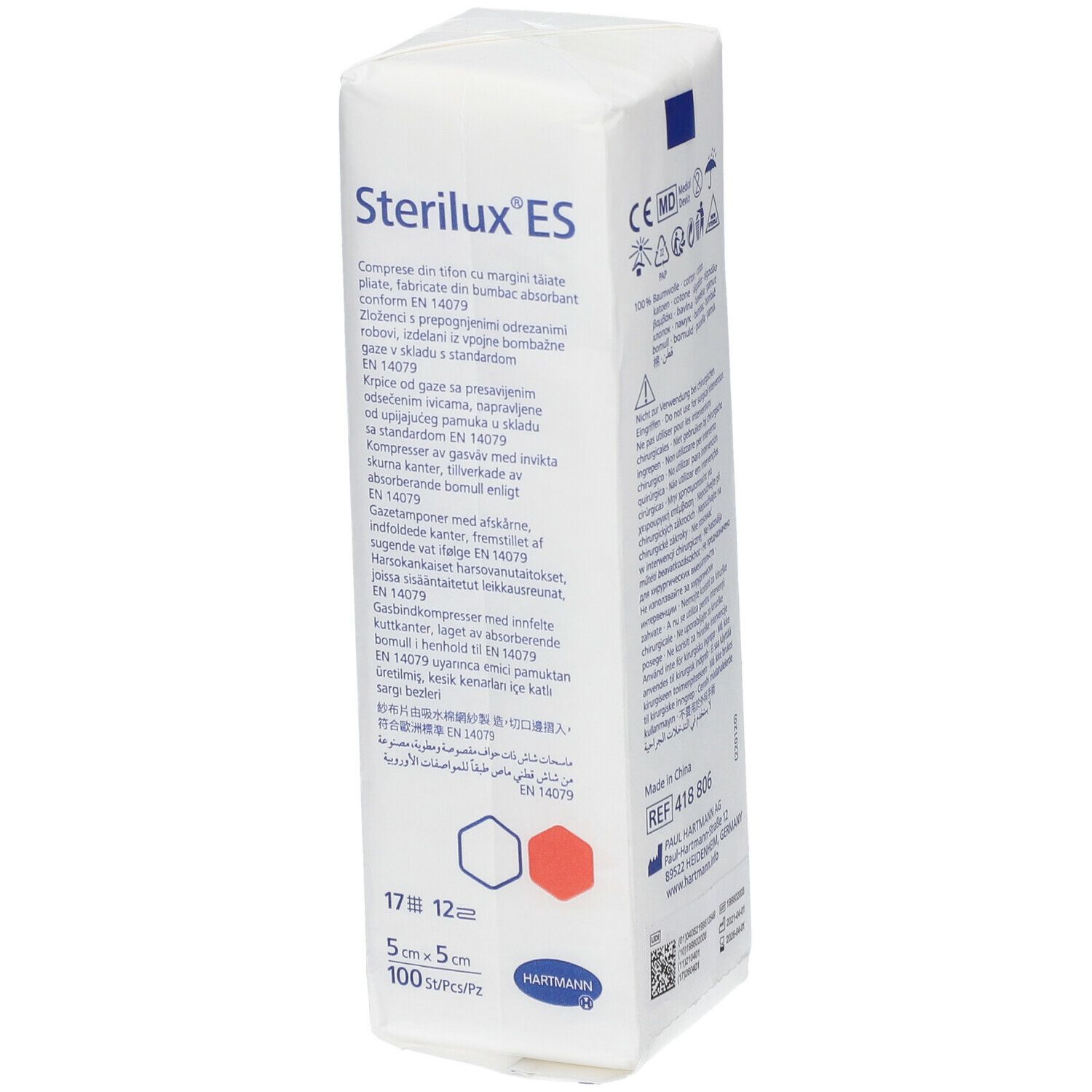 Emballage de compresses Sterilux ES. Dimensions 5x5cm. 100 pièces par paquet. Marque HARTMANN.