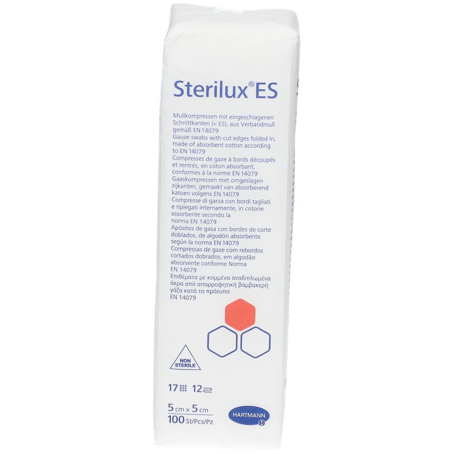 Emballage de compresses Sterilux ES. Dimensions 5x5cm. 100 pièces par paquet. Marque HARTMANN.