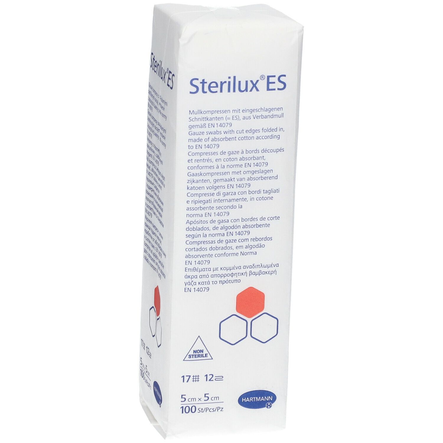 Emballage de compresses Sterilux ES. Dimensions 5x5cm. 100 pièces par paquet. Marque HARTMANN.