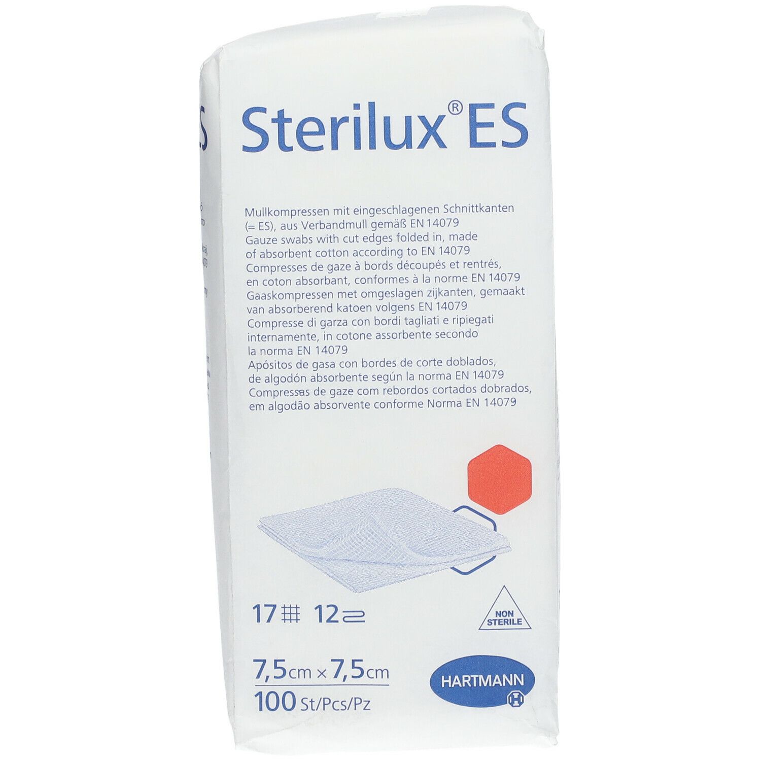 Emballage de compresses de gaze. Inscription : Sterilux ES, 7,5 x 7,5 cm, 100 pièces. Marque Hartmann.
