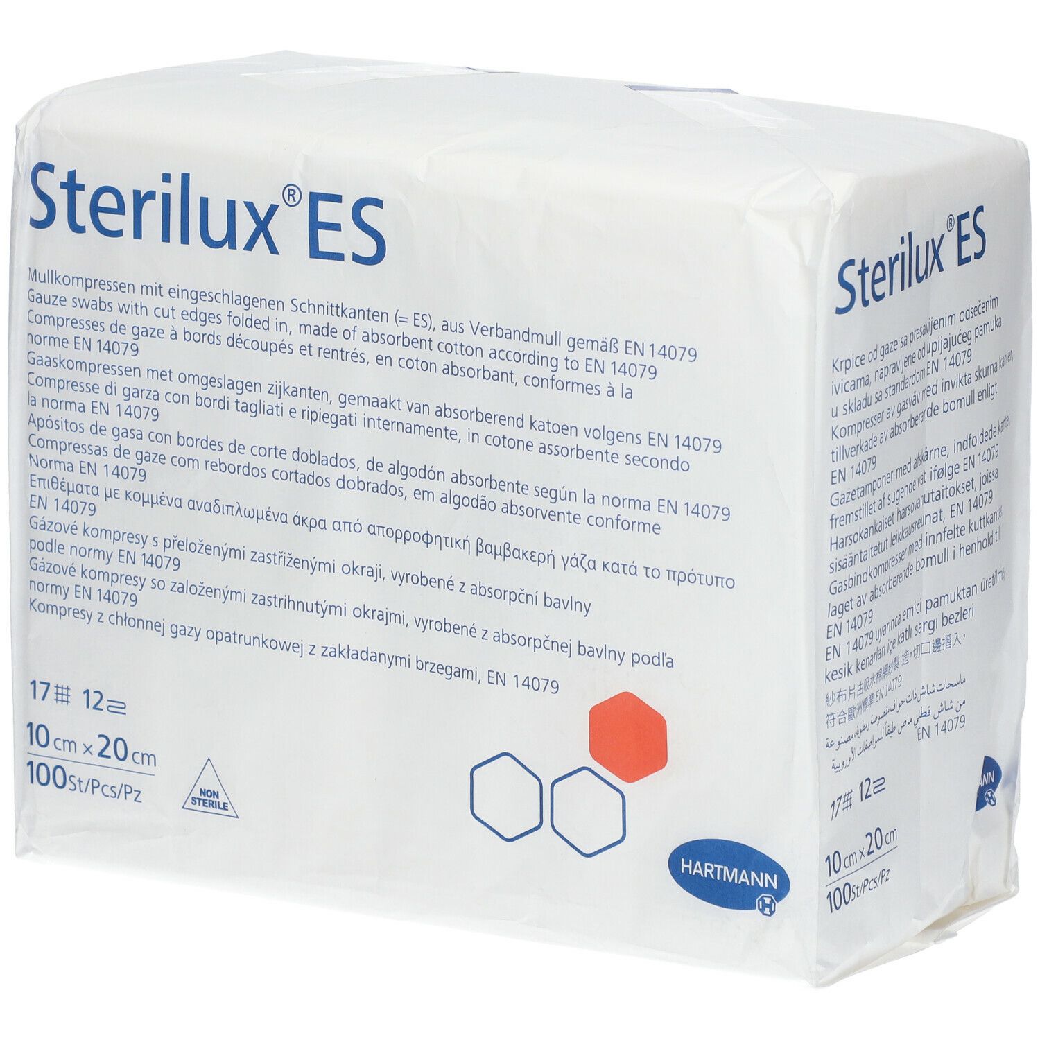 Emballage de compresses Sterilux ES. 10 x 20 cm, 100 pièces. Logo Hartmann. EN 14079.