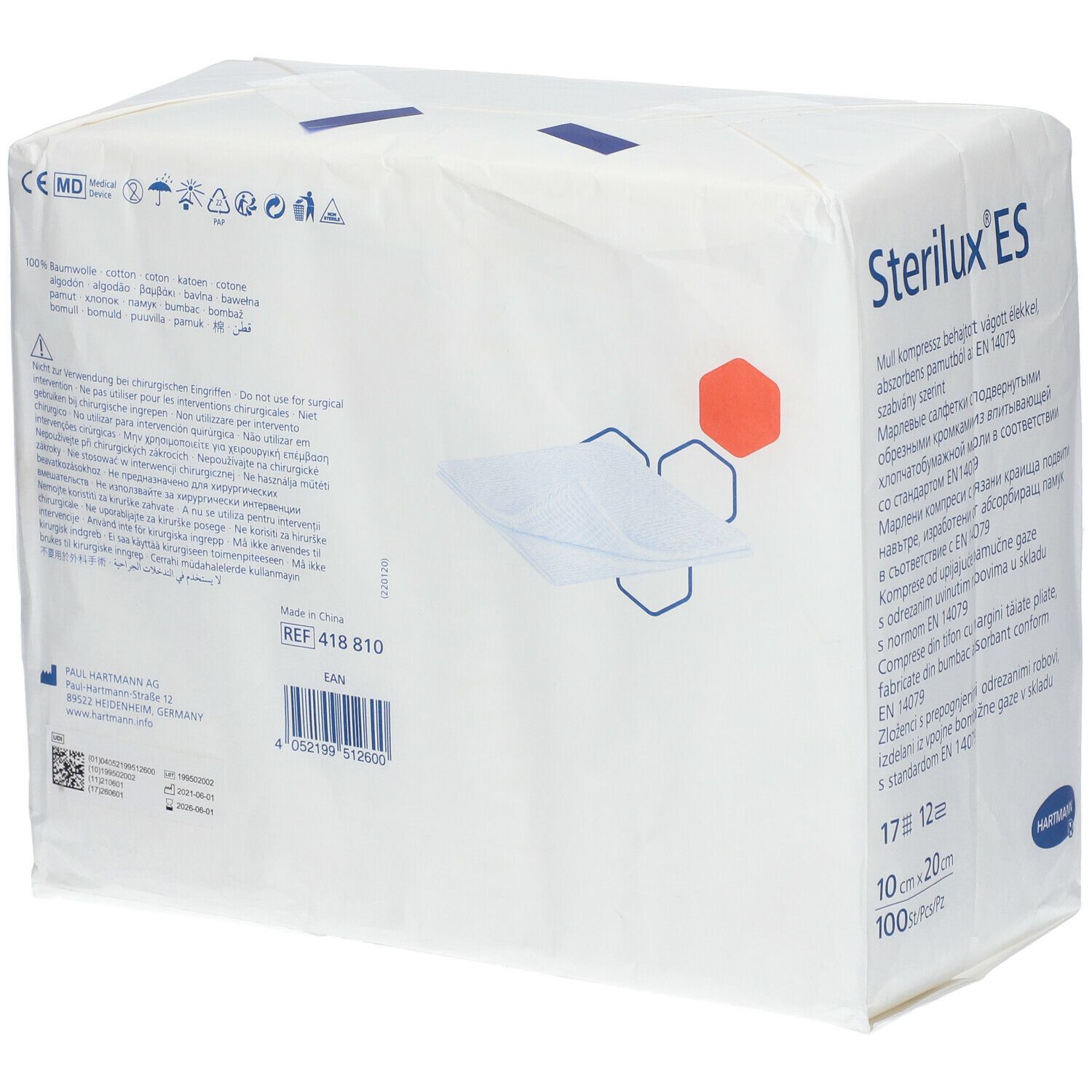 Emballage de compresses Sterilux ES. 10 x 20 cm, 100 pièces. Marquage CE. EN 14079.