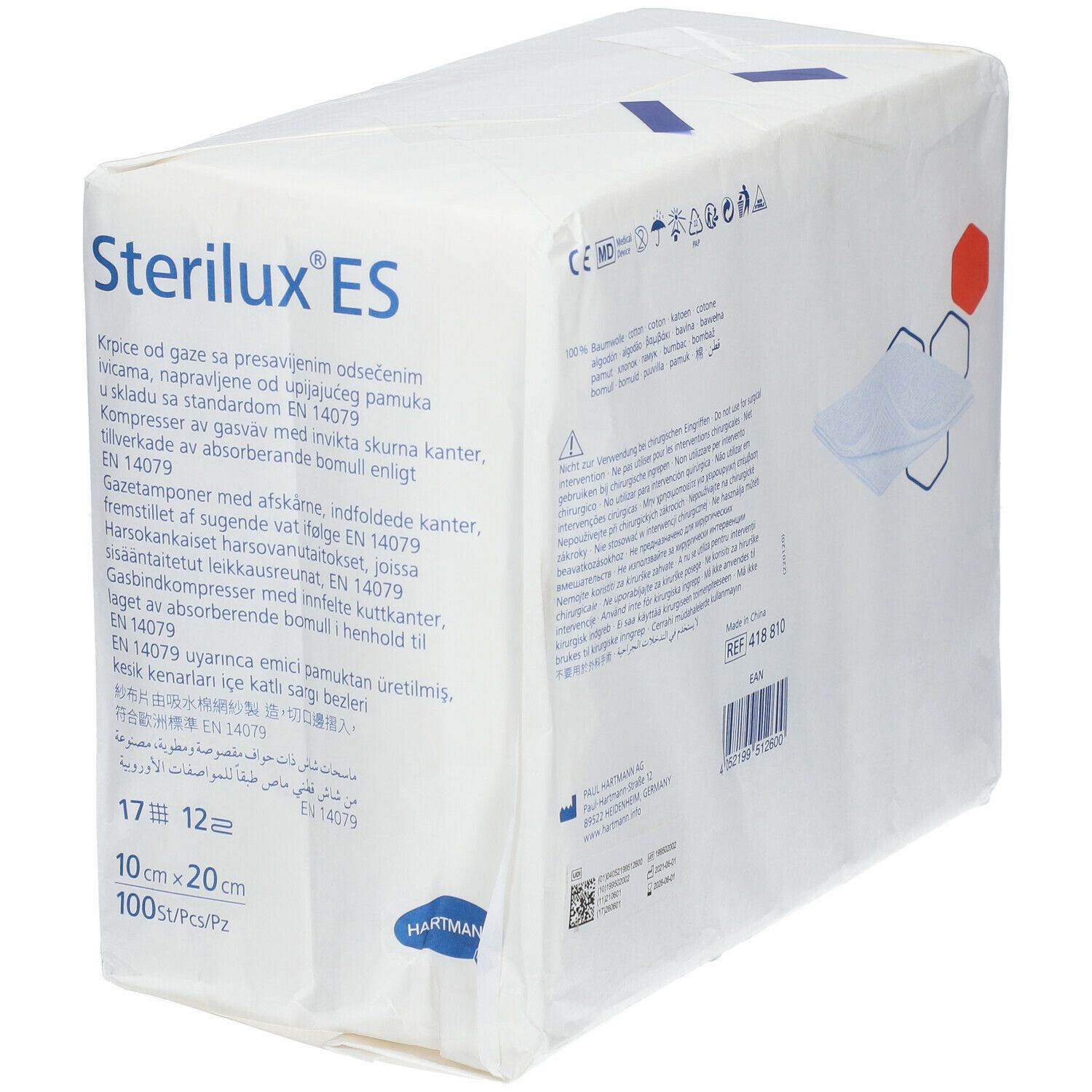 Emballage de compresses Sterilux ES. 10 x 20 cm, 100 pièces. Logo Hartmann. EN 14079.