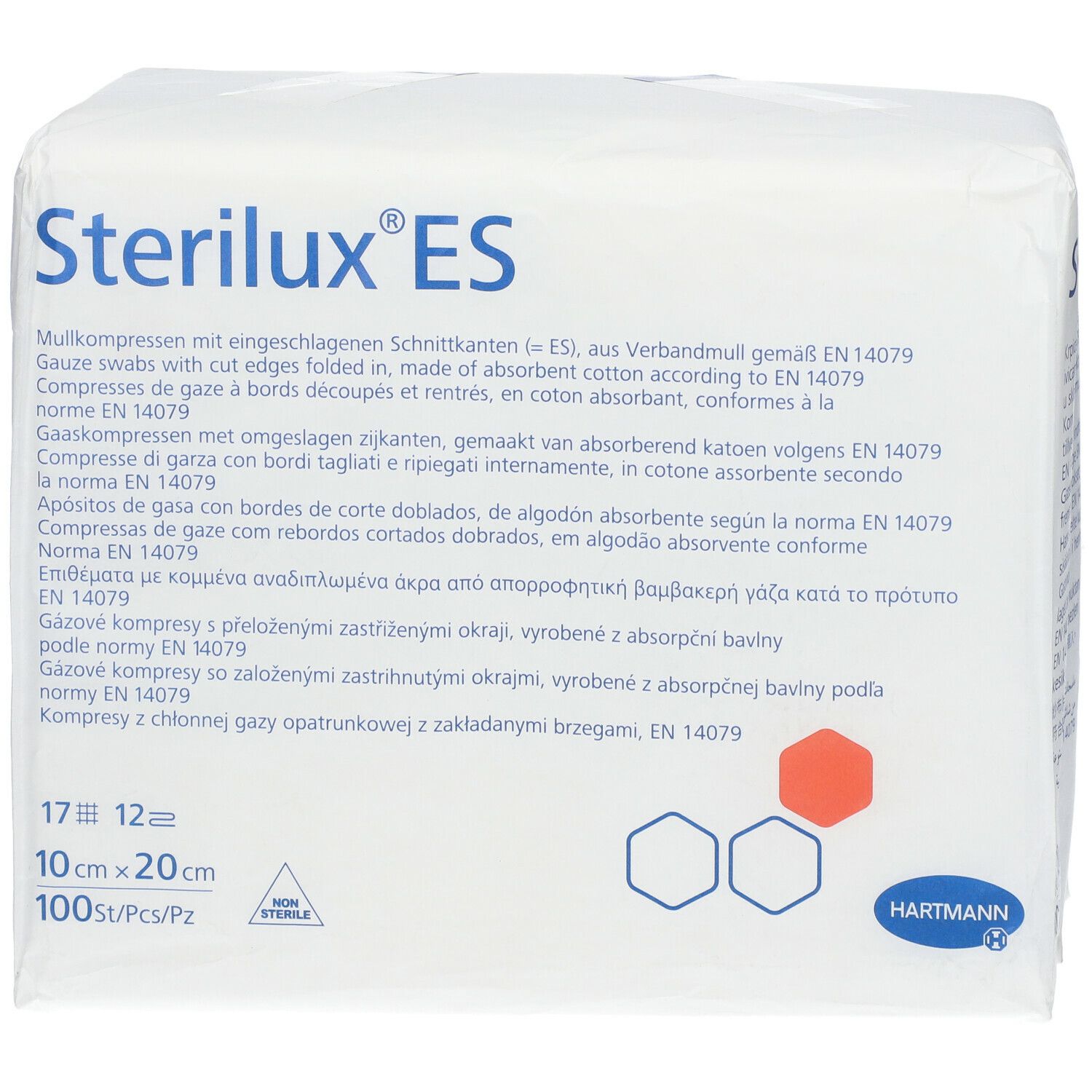 Emballage de compresses Sterilux ES. 10 x 20 cm, 100 pièces. Logo Hartmann. EN 14079.