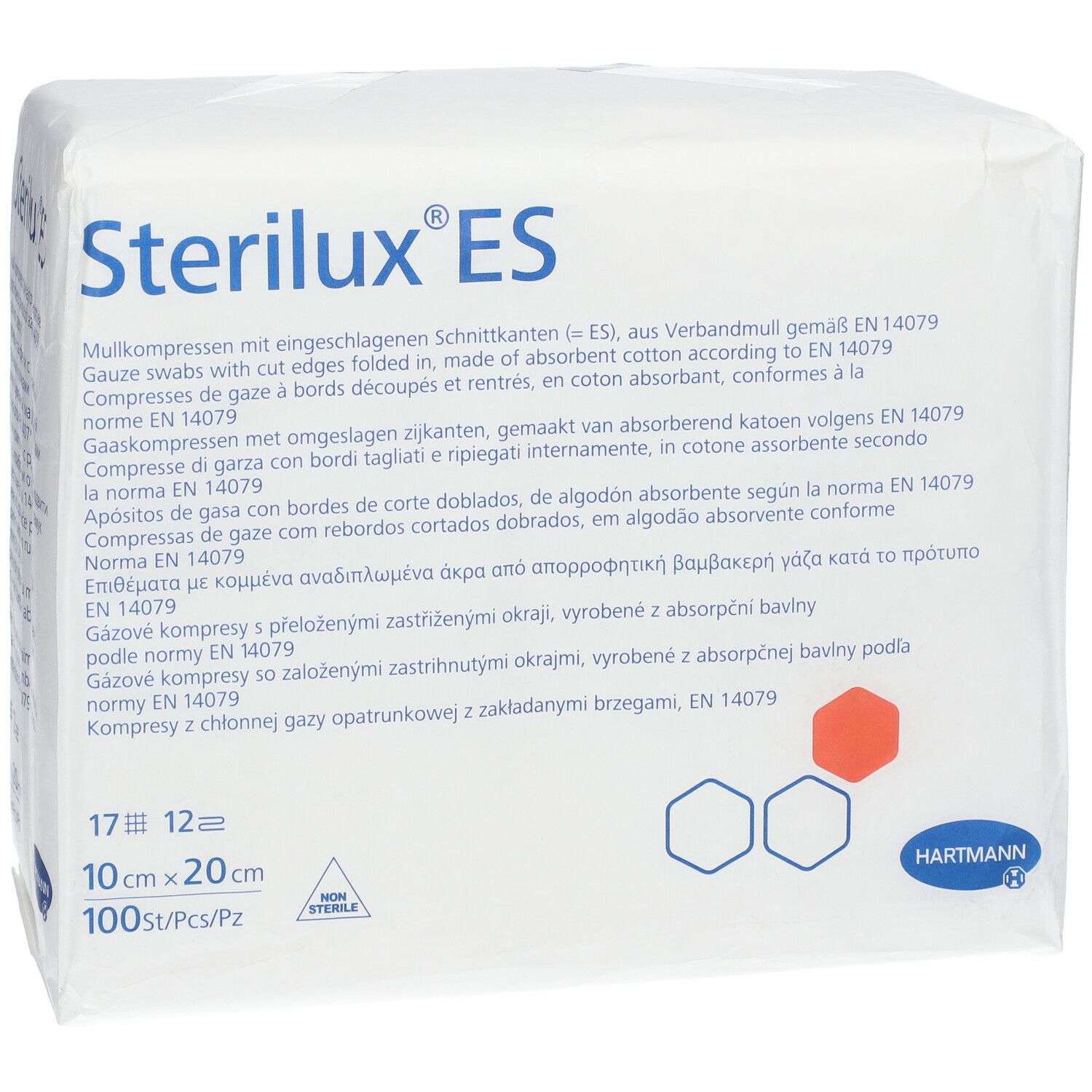 Emballage de compresses Sterilux ES. 10 x 20 cm, 100 pièces. Logo Hartmann. EN 14079.
