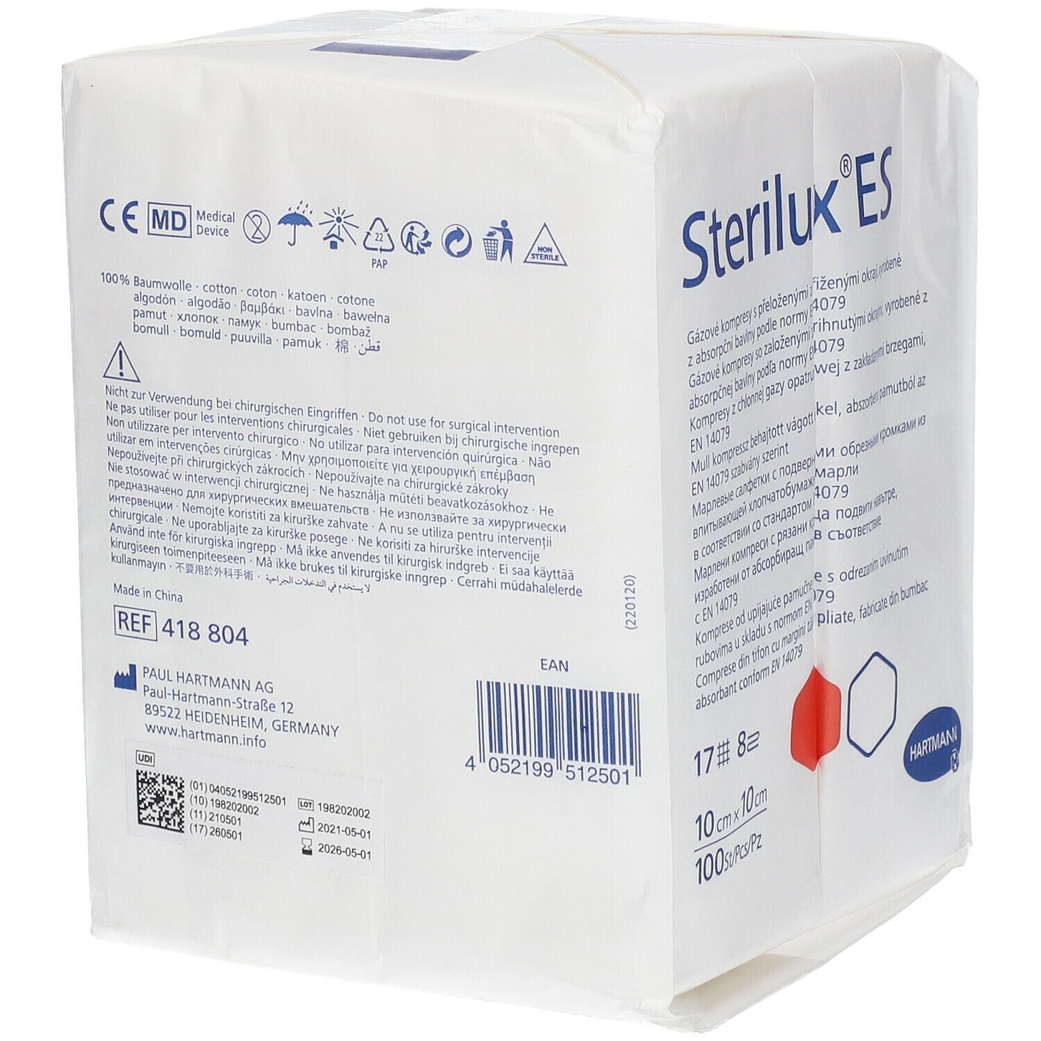 Verpakking Sterilux ES kompressen. Productnaam, Hartmann-logo en medische symbolen. Afmeting 10x10cm.
