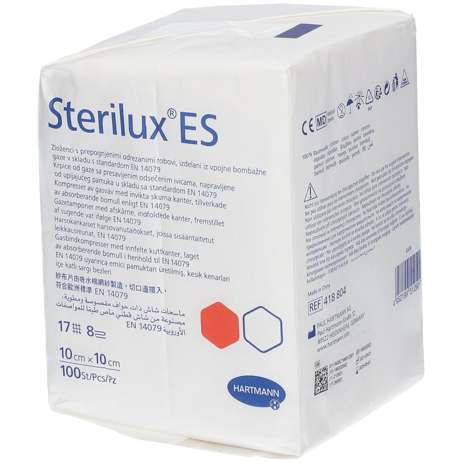 Verpakking Sterilux ES kompressen. Productnaam, Hartmann-logo. Afmeting 10x10cm. 100 stuks.