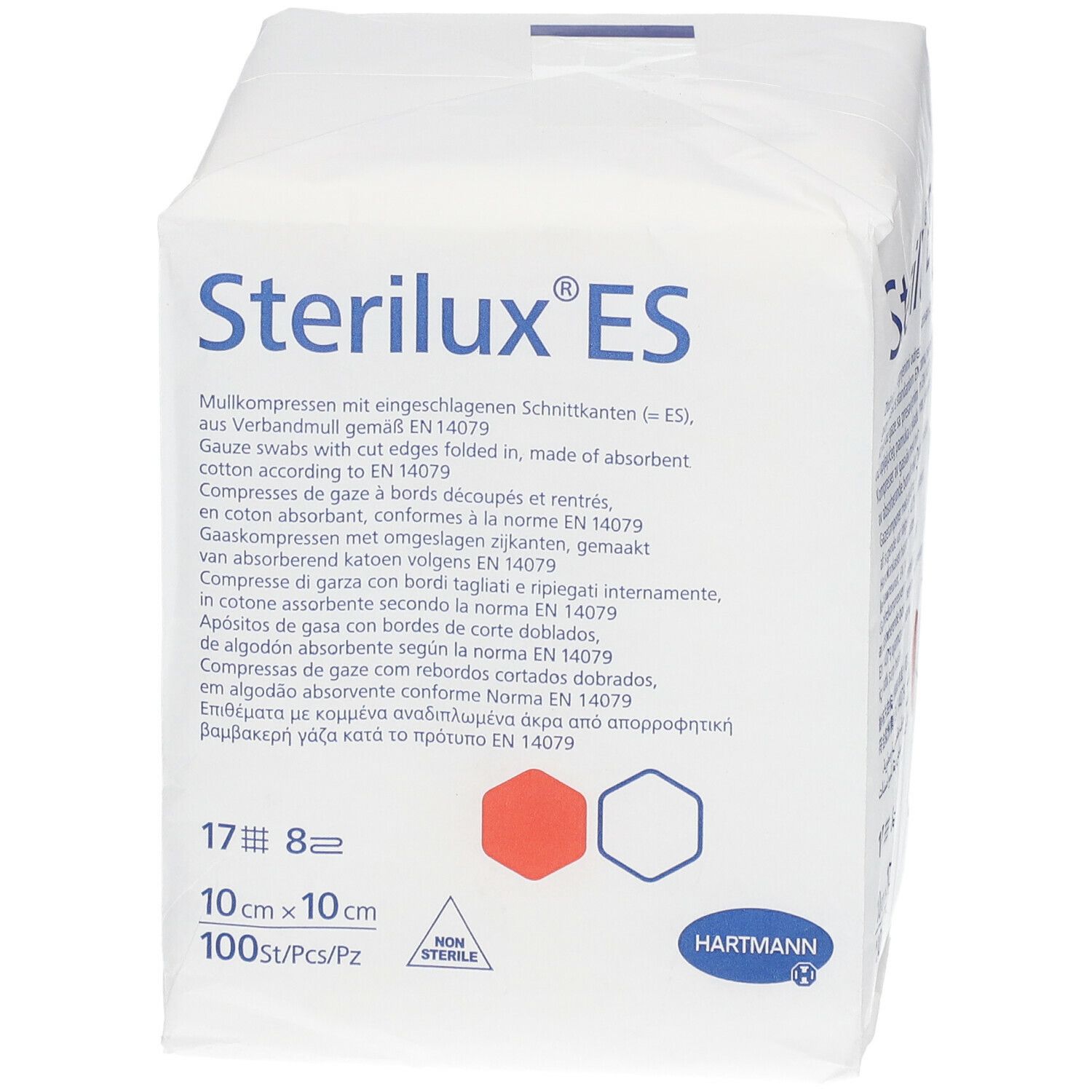 Verpakking Sterilux ES kompressen. Productnaam, Hartmann-logo. Afmeting 10x10cm. 100 stuks. Niet steriel.