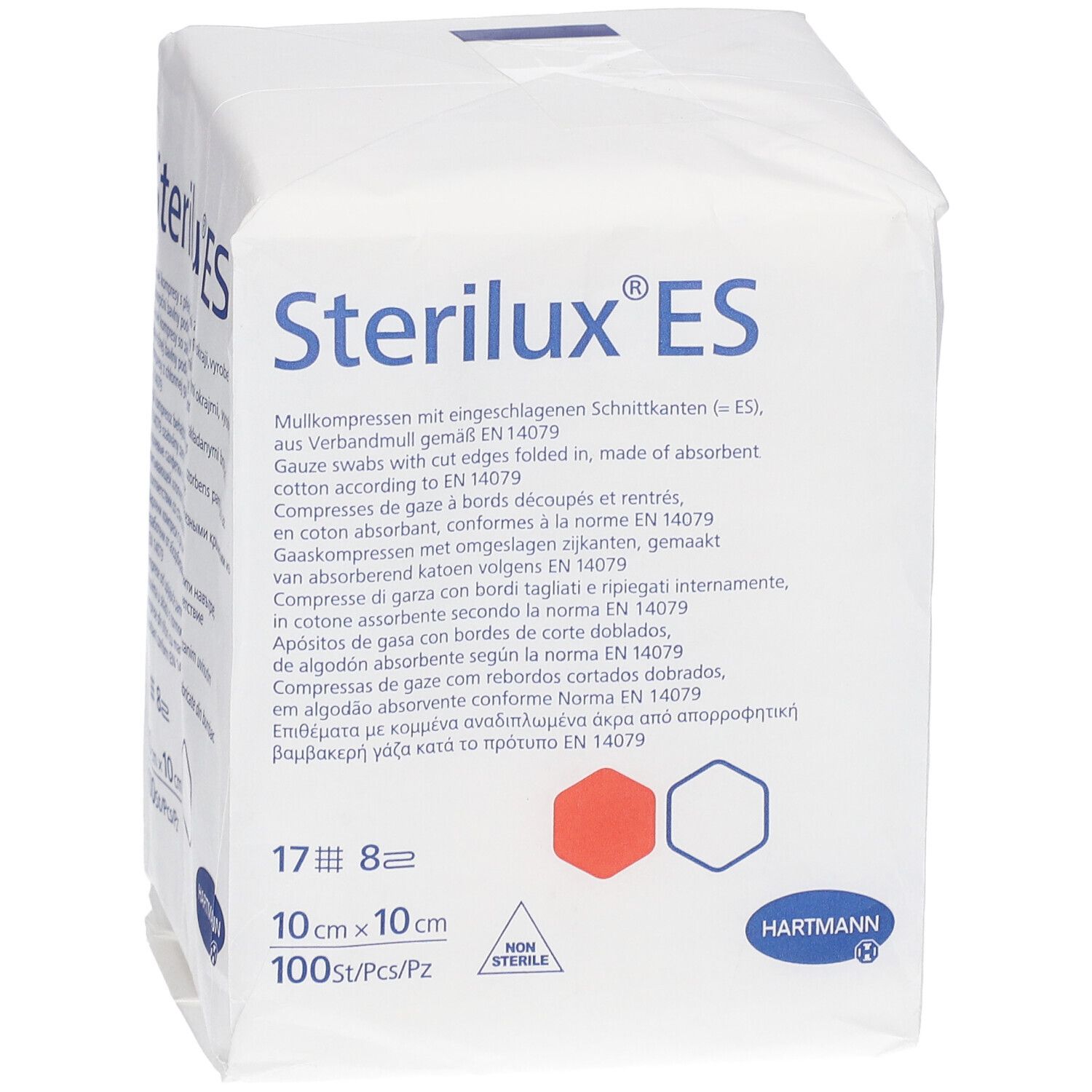 Verpakking Sterilux ES kompressen. Productnaam, Hartmann-logo. Afmeting 10x10cm. 100 stuks. Niet steriel.