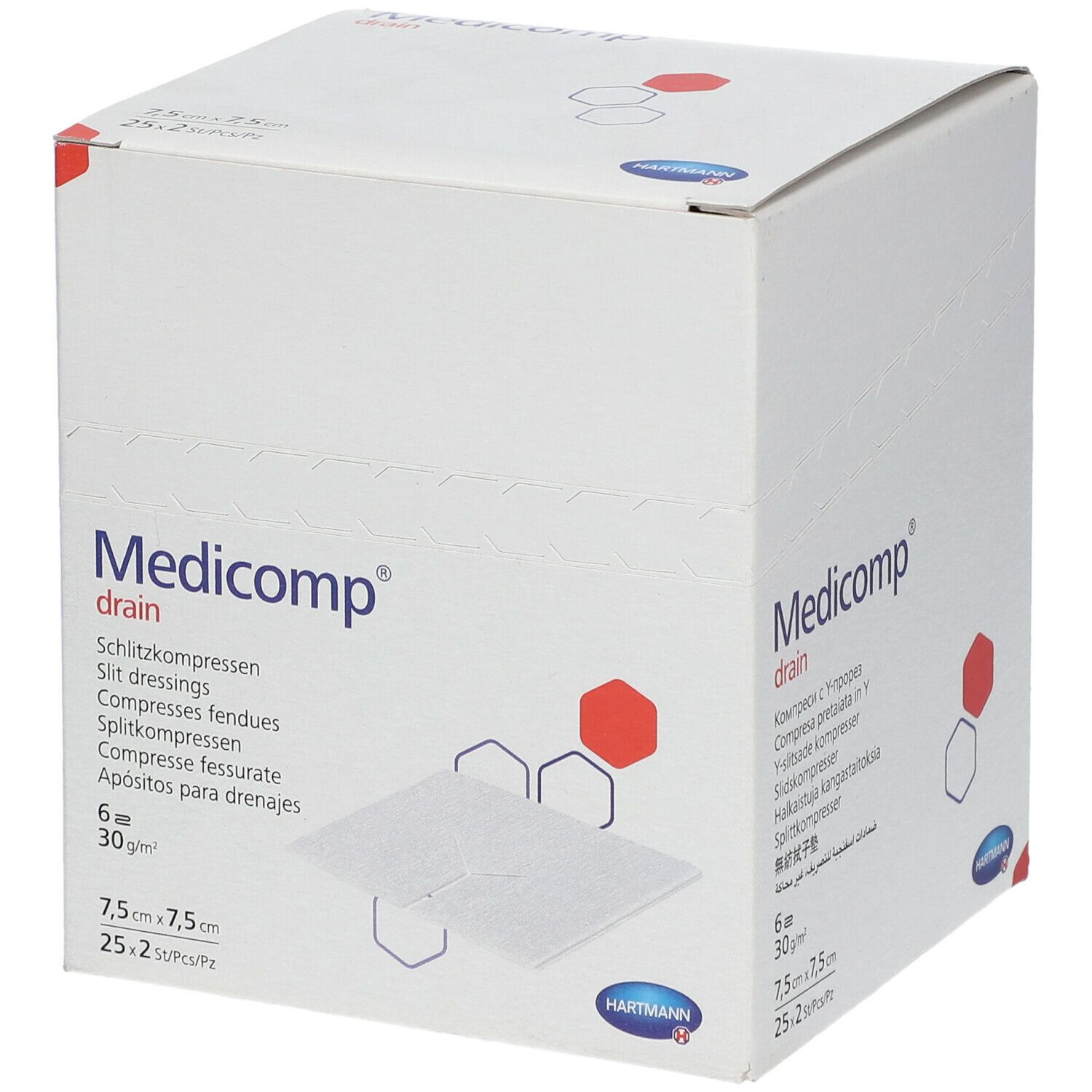 Boîte blanche "Medicomp drain". Contient 6 compresses de 7,5x7,5 cm. Logo Hartmann.