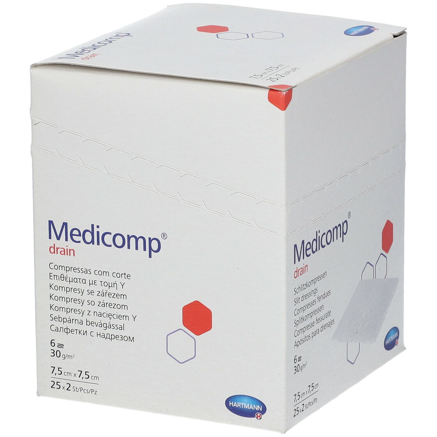 Boîte blanche "Medicomp drain". Contient 6 compresses de 7,5x7,5 cm. Logo Hartmann.