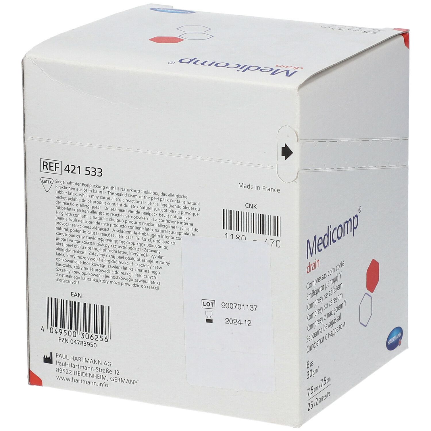 Boîte blanche "Medicomp drain". Contient 6 compresses de 7,5x7,5 cm. Logo Hartmann.