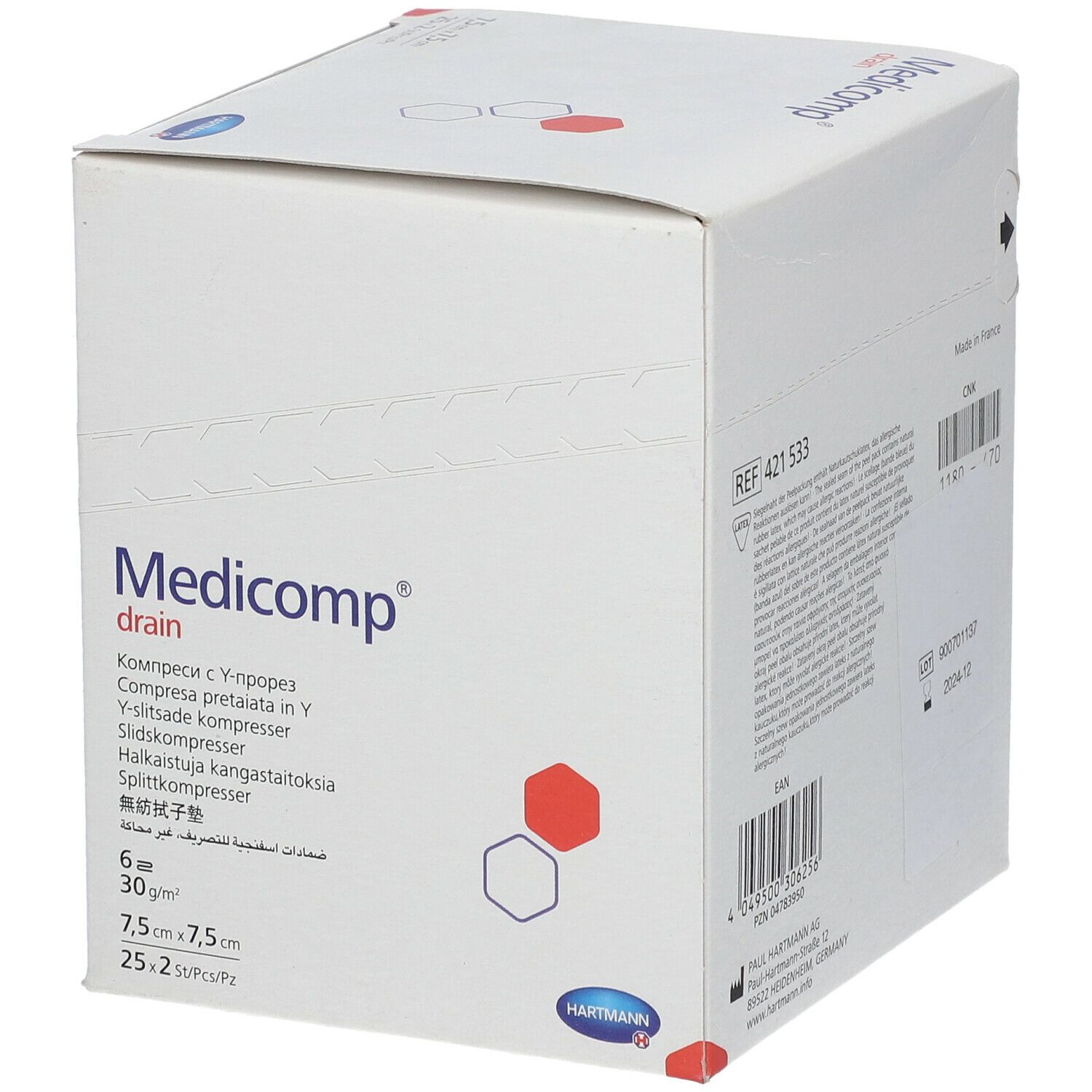 Boîte blanche "Medicomp drain". Contient 6 compresses de 7,5x7,5 cm. Logo Hartmann.