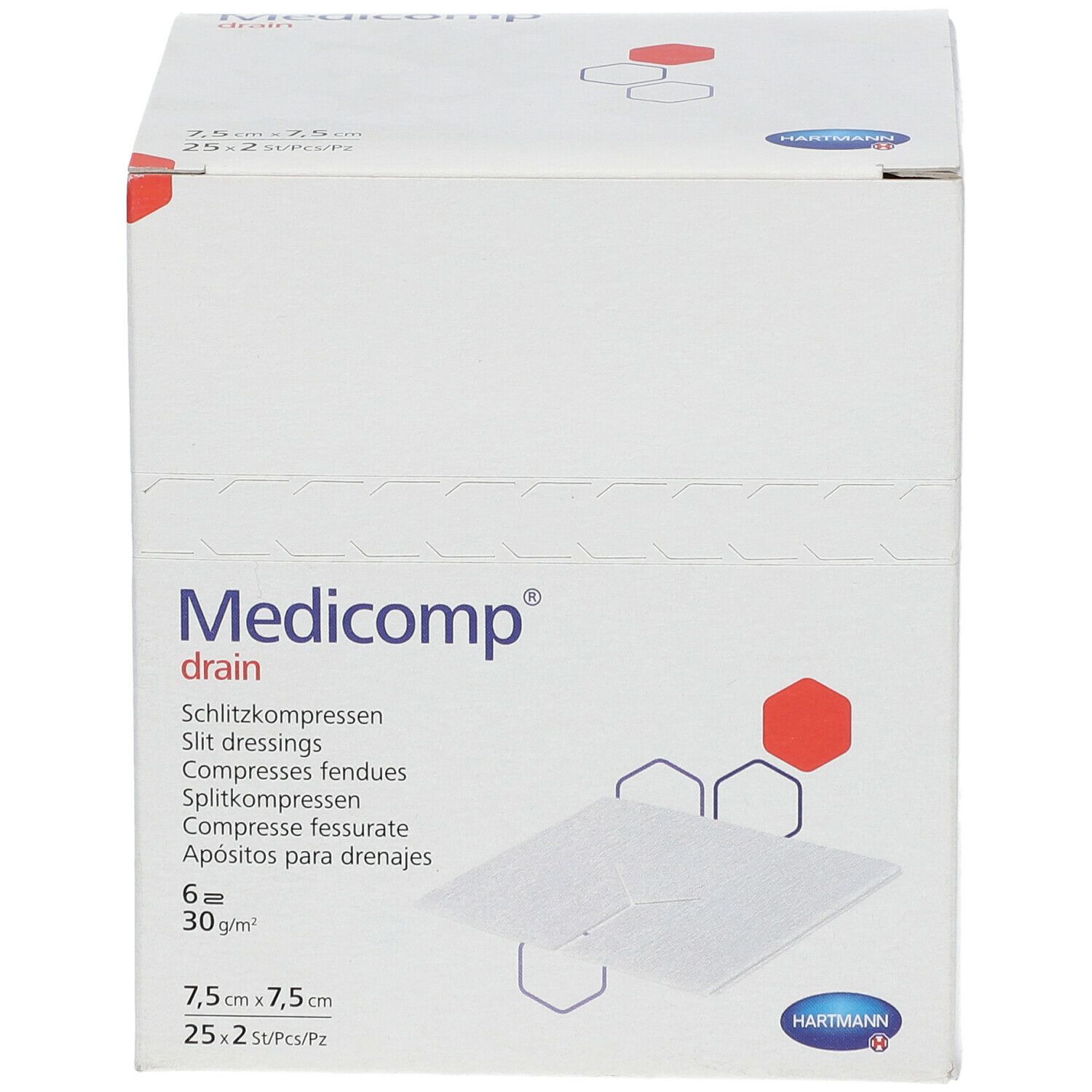 Boîte blanche "Medicomp drain". Contient 6 compresses de 7,5x7,5 cm. Logo Hartmann.