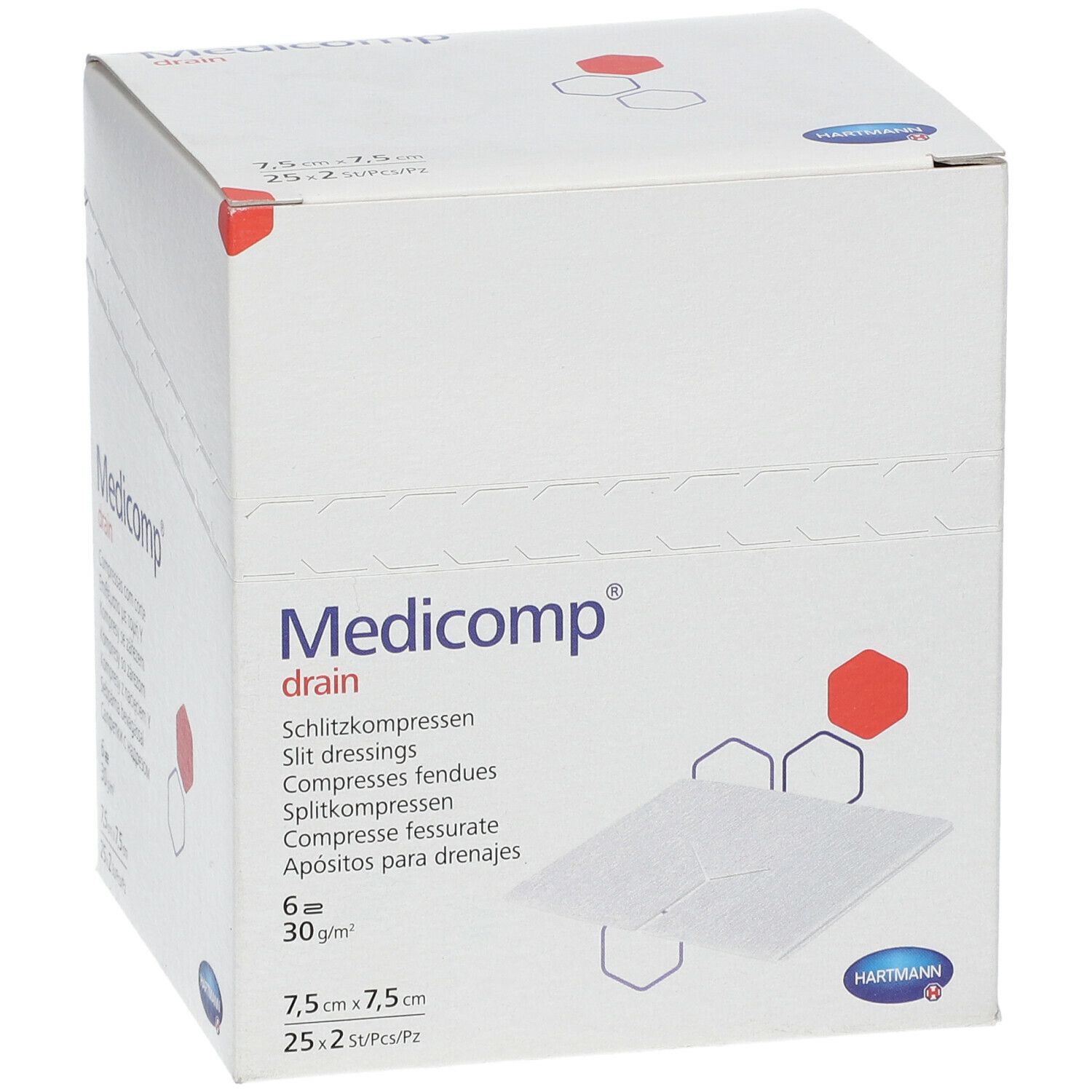 Boîte blanche "Medicomp drain". Contient 6 compresses de 7,5x7,5 cm. Logo Hartmann.