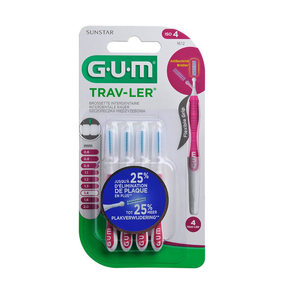 Verpakking met GUM® TRAV-LER® ragers. Vier ragers met roze handvatten en blauwe borstelharen. Zichtbare maat: 1,4 mm.