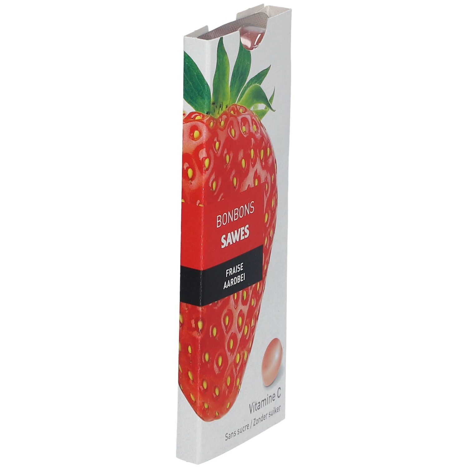 Boîte étroite de bonbons à la fraise. Illustration de fraise rouge. Texte: Bonbons Sawes, Fraise, Aardbei, Vitamine C.