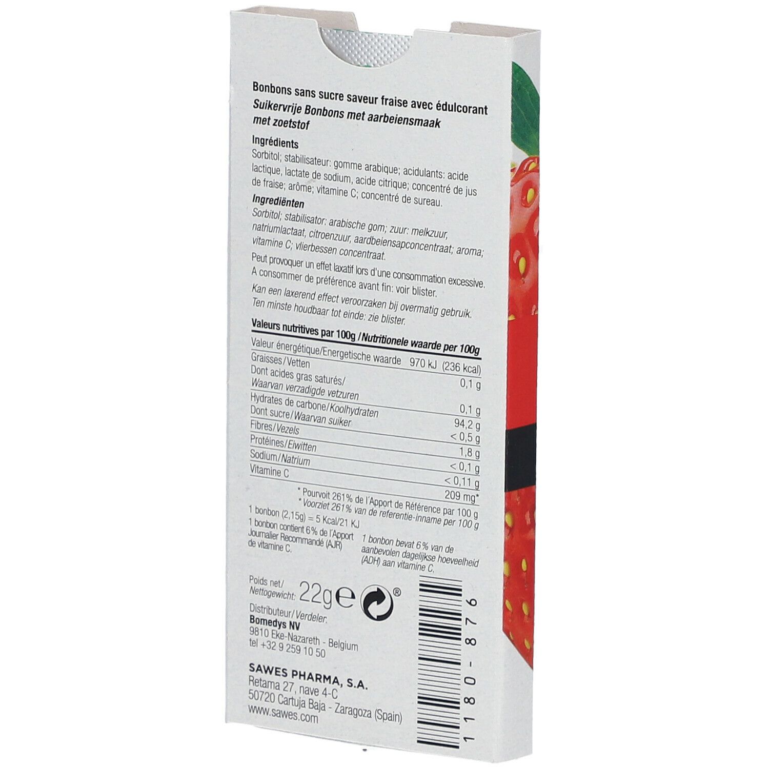 Dos de la boîte de bonbons. Texte: Ingrédients, informations nutritionnelles, informations fabricant, 22g.