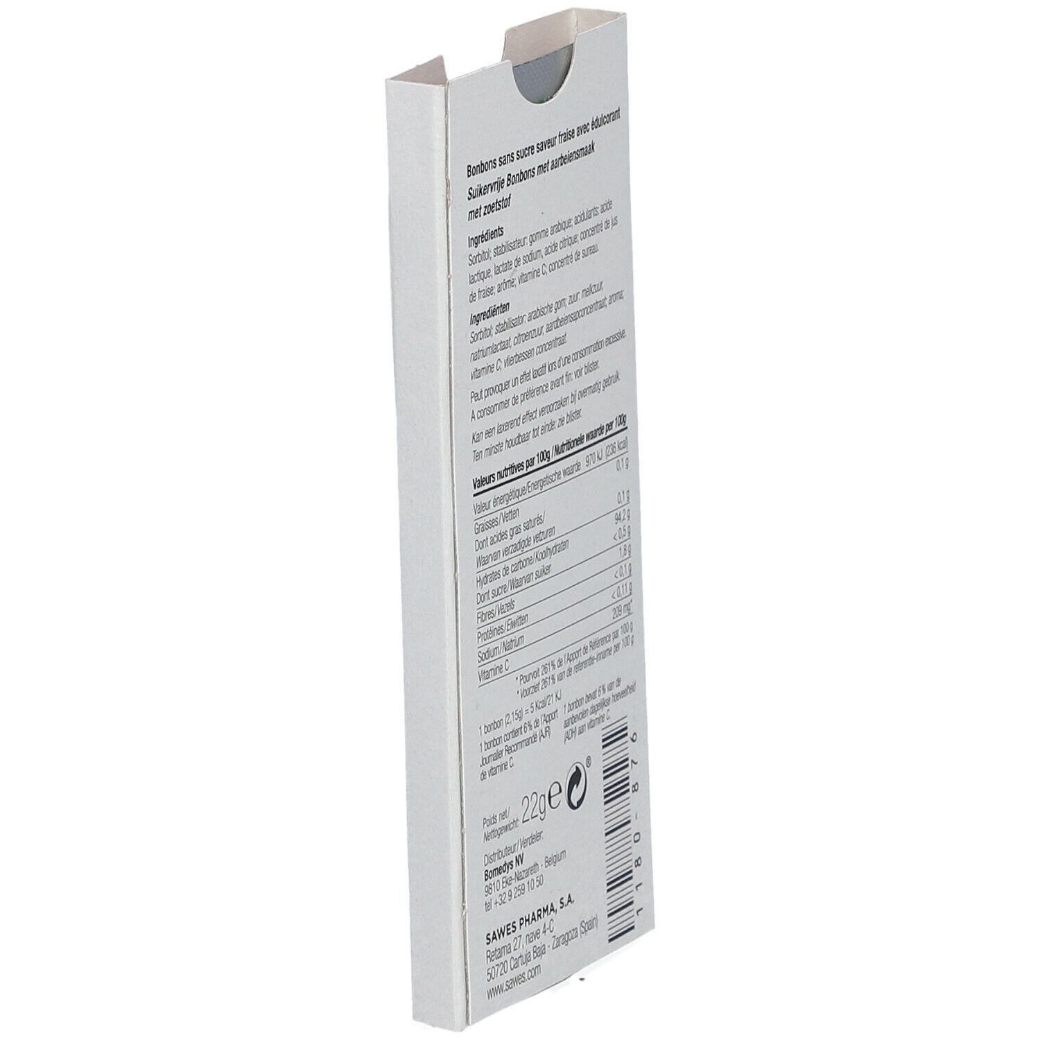 Dos de la boîte de bonbons. Texte: Ingrédients, informations nutritionnelles, informations fabricant, 22g.
