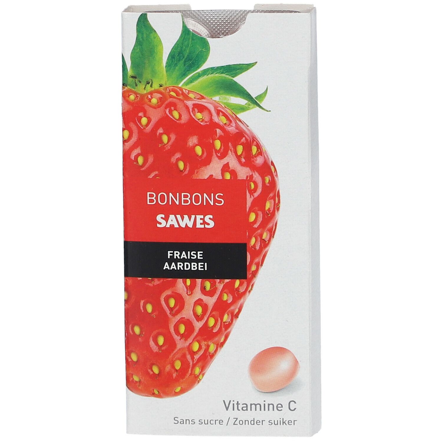 Boîte de bonbons. Illustration de fraise rouge. Texte: Bonbons Sawes, Fraise, Aardbei, Vitamine C, sans sucre/zonder suiker.
