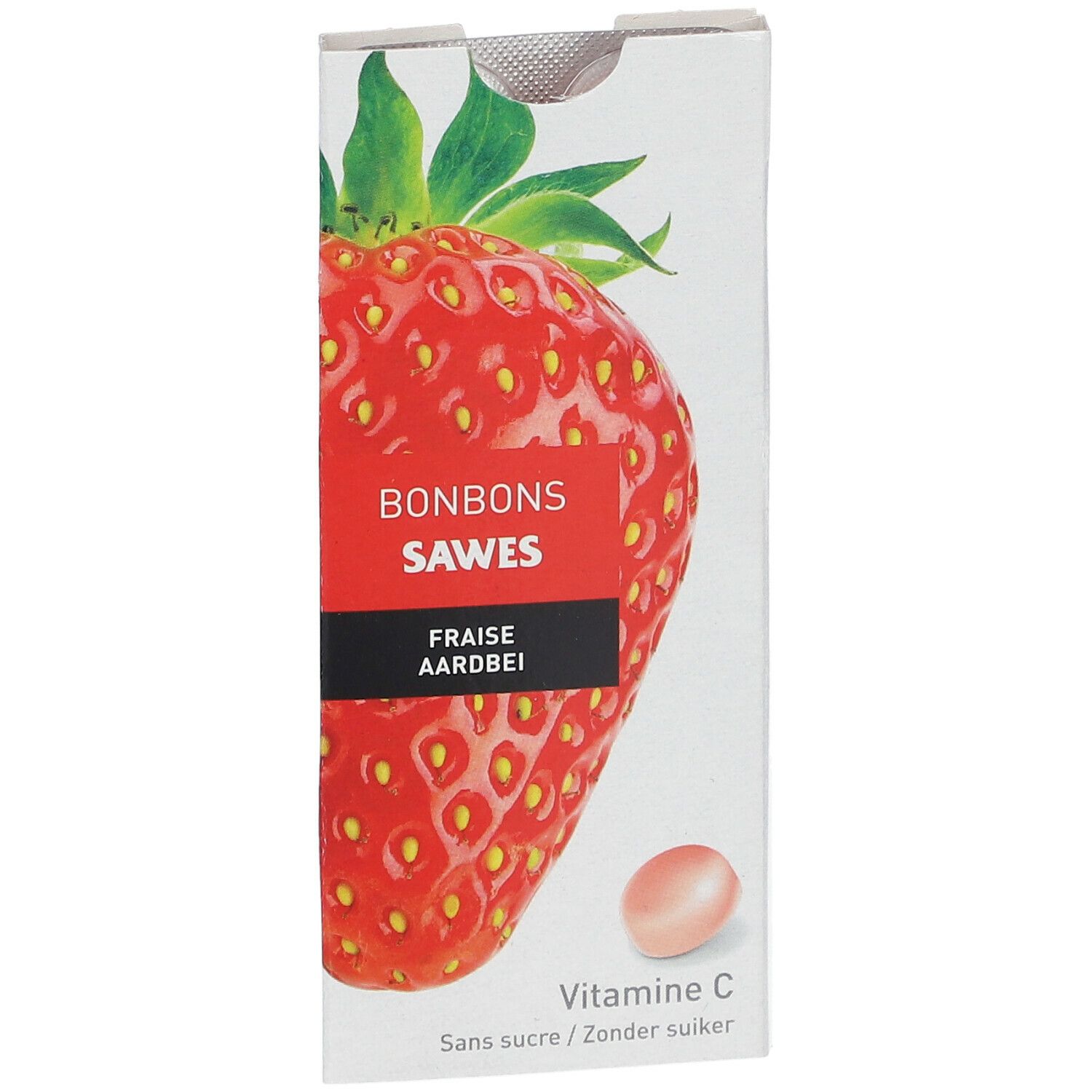 Boîte de bonbons. Illustration de fraise rouge. Texte: Bonbons Sawes, Fraise, Aardbei, Vitamine C, sans sucre/zonder suiker.