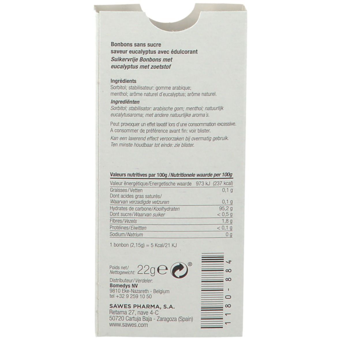 Dos de la boîte de bonbons. Texte: Bonbons sans sucre, ingrédients, informations nutritionnelles, 22g. Informations fabricant et code-barres.