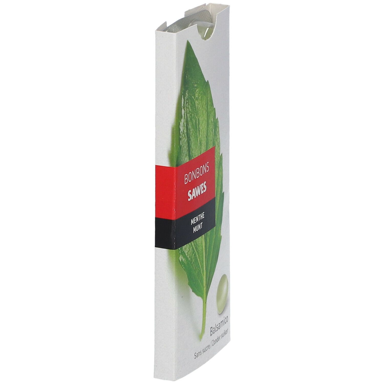 Schmale Verpackung mit Bonbons. Aufdruck: BONBONS SAWES, Menthe Munt. Abbildung eines Blattes und eines Bonbons.