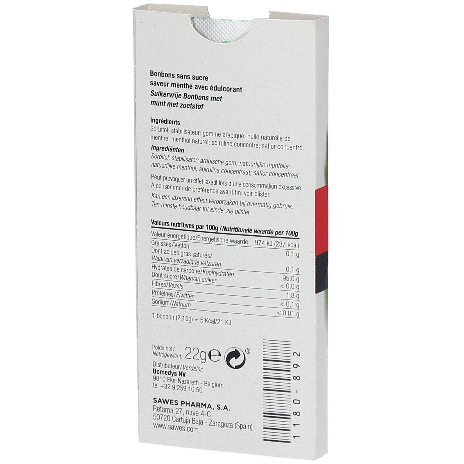 Rückseite der Bonbon-Verpackung. Enthält Zutaten, Nährwertangaben und Herstellerinformationen. 22g.