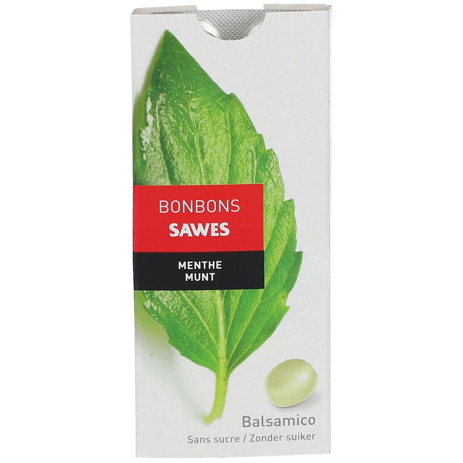 Verpackung mit Bonbons. Aufdruck: BONBONS SAWES, Menthe Munt. Abbildung eines Blattes und eines Bonbons. Balsamico.