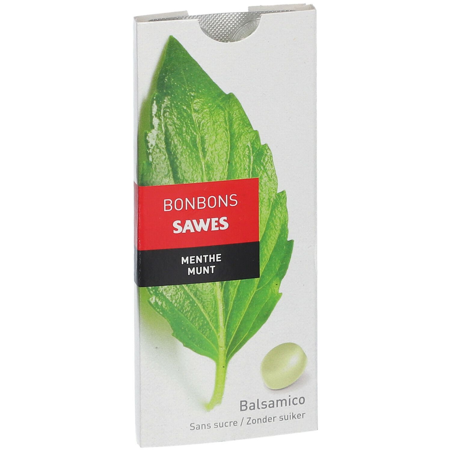 Verpackung mit Bonbons. Aufdruck: BONBONS SAWES, Menthe Munt. Abbildung eines Blattes und eines Bonbons. Balsamico.