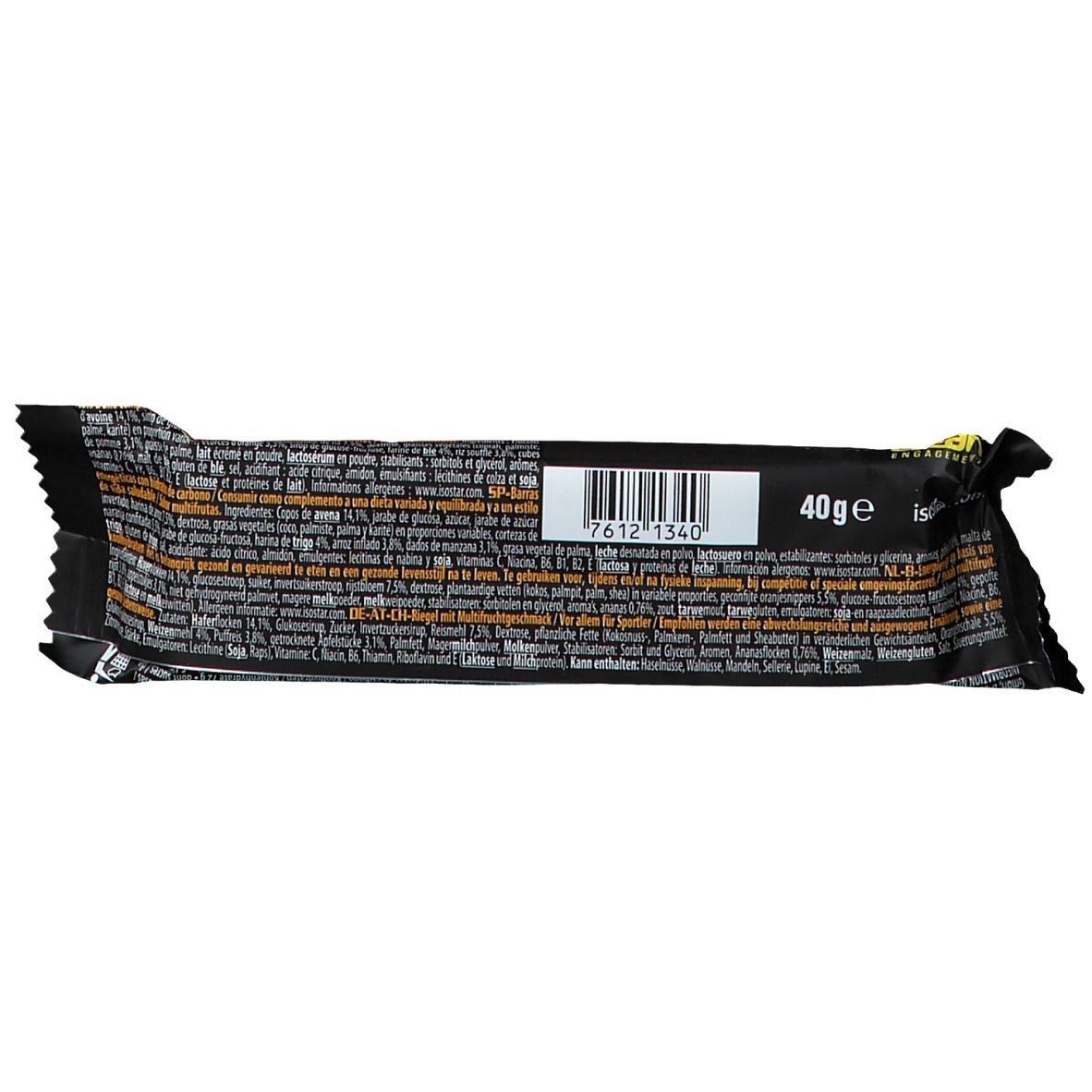 Dos de l'emballage de la barre. Fond noir avec texte et code-barres. Indication: 40g.