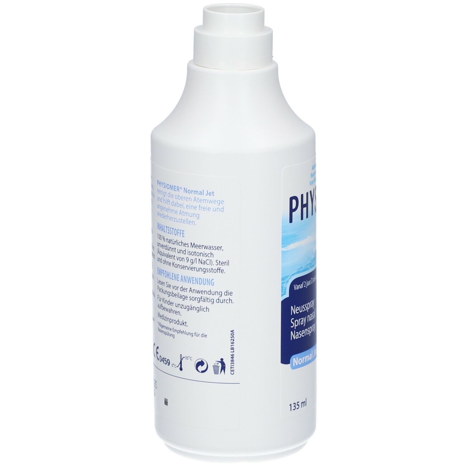 Weiße Nasenspray-Flasche. Blaue Schrift. Rückseite mit Text. 135 ml.