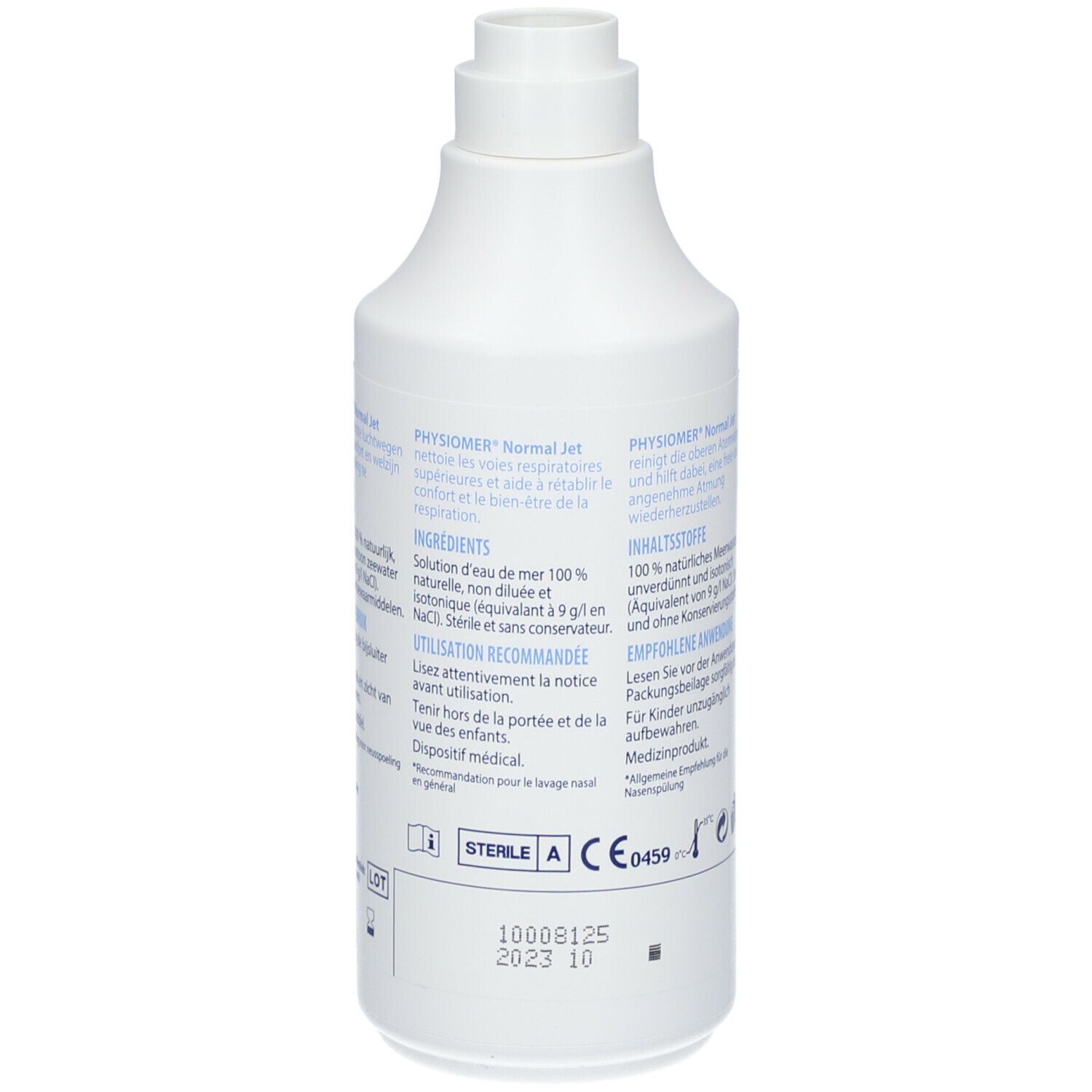 Weiße Nasenspray-Flasche. Blaue Schrift. Rückseite mit Text. 135 ml.
