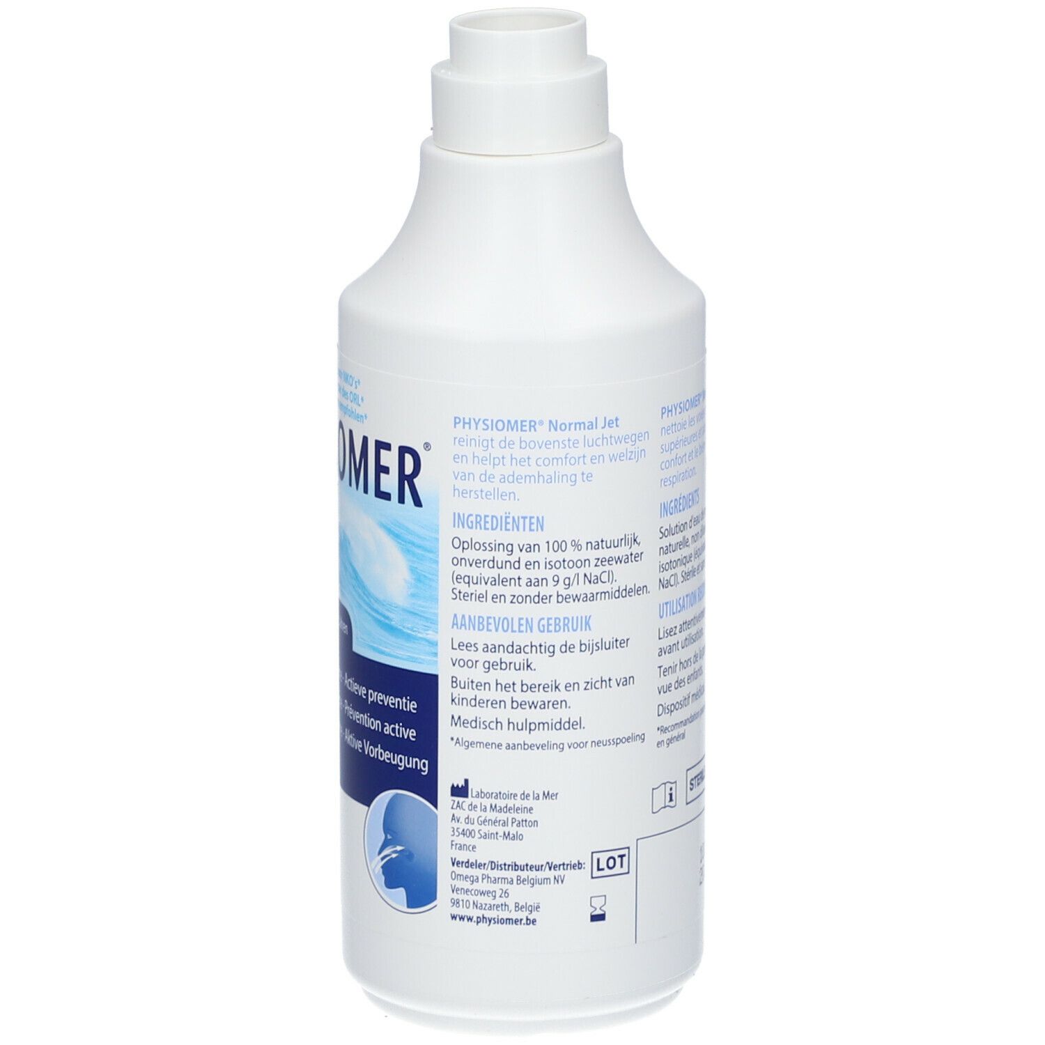 Weiße Nasenspray-Flasche. Blaue Schrift. Rückseite mit Text. 135 ml.