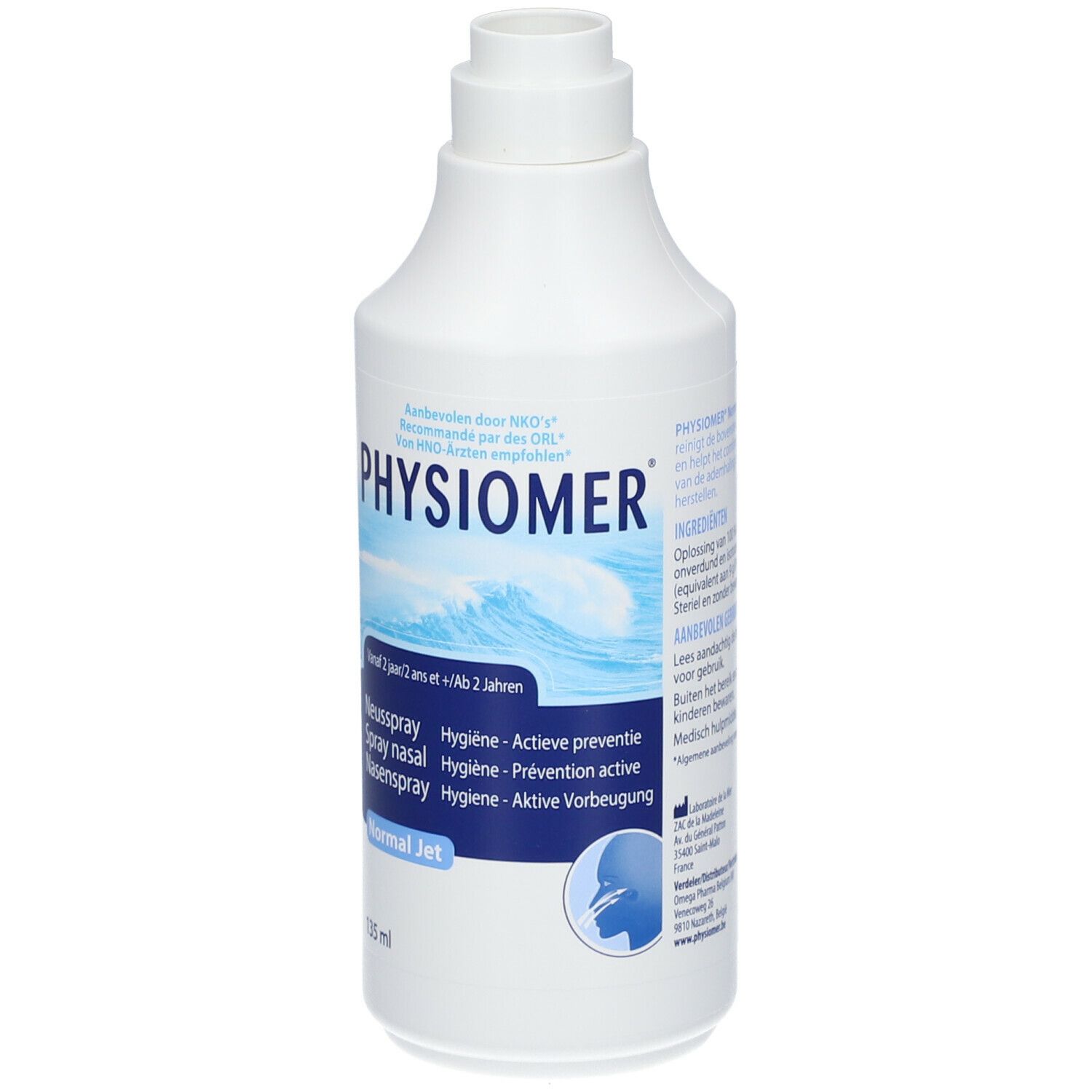 Weiße Nasenspray-Flasche. Blaue Schrift. Rückseite mit Text. 135 ml.