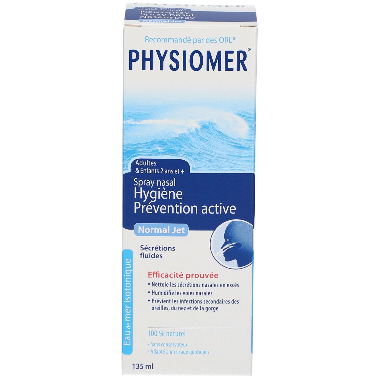 Kartonverpackung und Nasenspray-Flasche. Weiß, blaue Schrift. 135 ml.