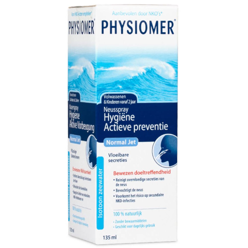 Kartonverpackung mit Nasenspray. Blaue Wellen, Produktname und Text. 135 ml.