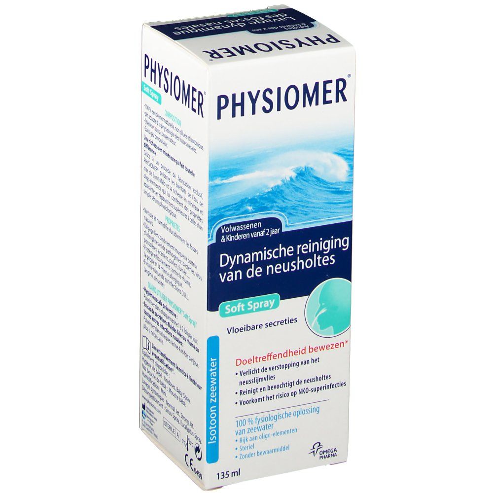 Boîte "Physiomer Soft Spray". Graphique de vagues bleues. Texte: "Dynamische reiniging van de neusholtes".