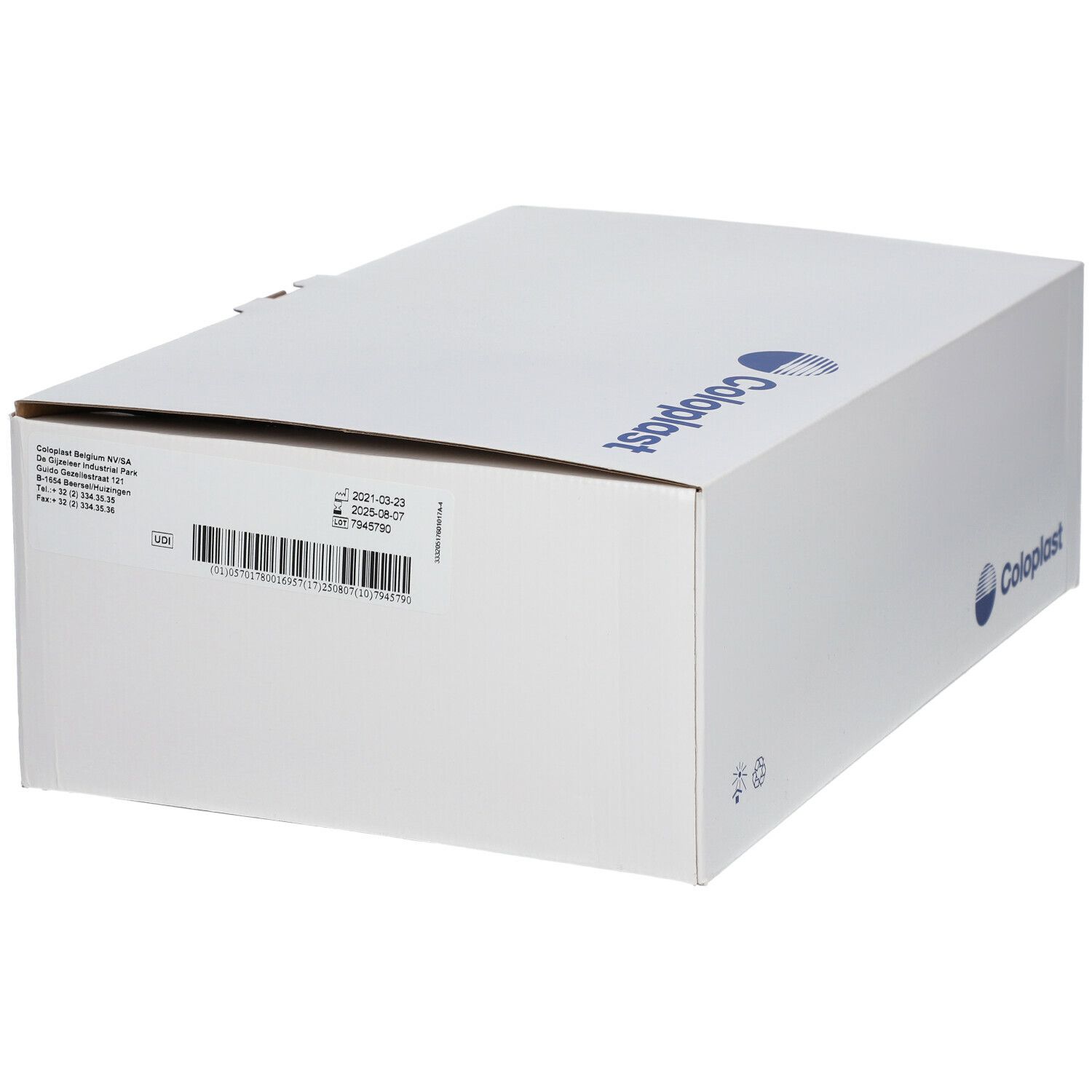 Boîte blanche Coloplast. Informations sur le produit et logo. Emballage fermé.