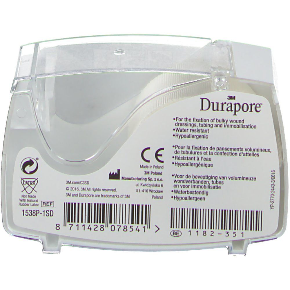 Emballage plastique transparent avec ruban 3M Durapore. Informations sur la résistance à l'eau et l'hypoallergénicité. Marque CE.