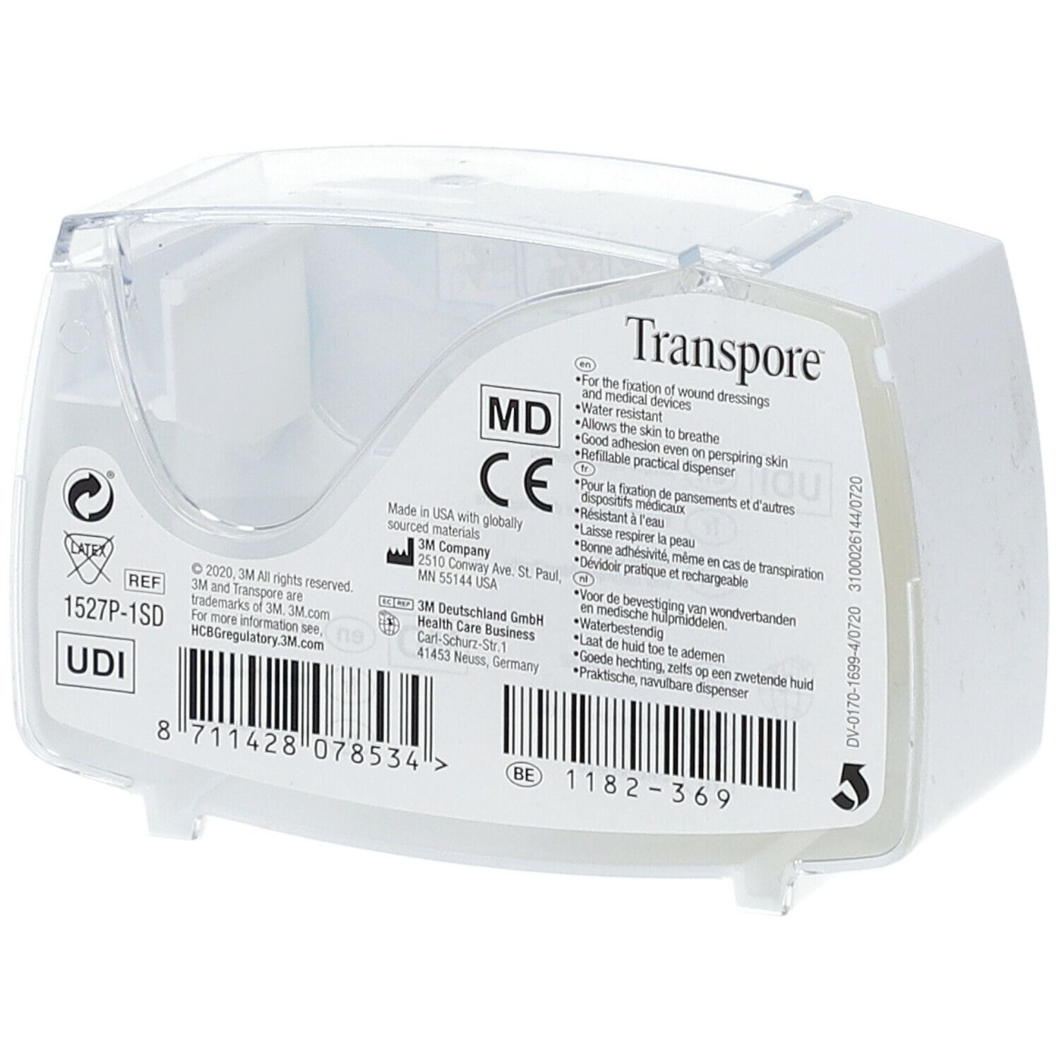 Dos de la boîte distributrice Transpore 3M. Informations produit, marquage CE, code UDI et code-barres.