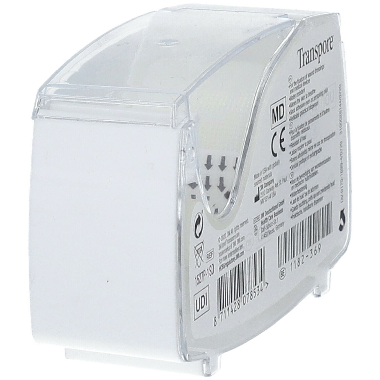 Dos de la boîte distributrice Transpore 3M. Informations produit, marquage CE, code UDI et code-barres.