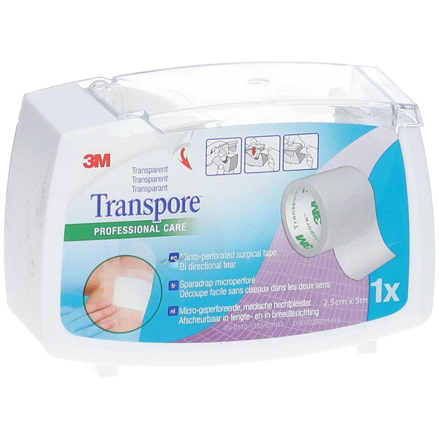 Ruban chirurgical micro-perforé Transpore 3M. Transparent. Déchirure bidirectionnelle. 2,5 cm x 5 m. Boîte distributrice.