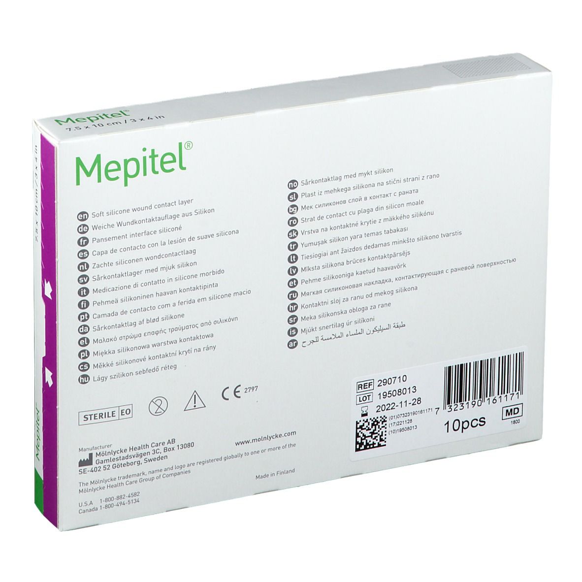 Boîte Mepitel, dos. Informations produit, marquage CE, numéro de lot et date de péremption.