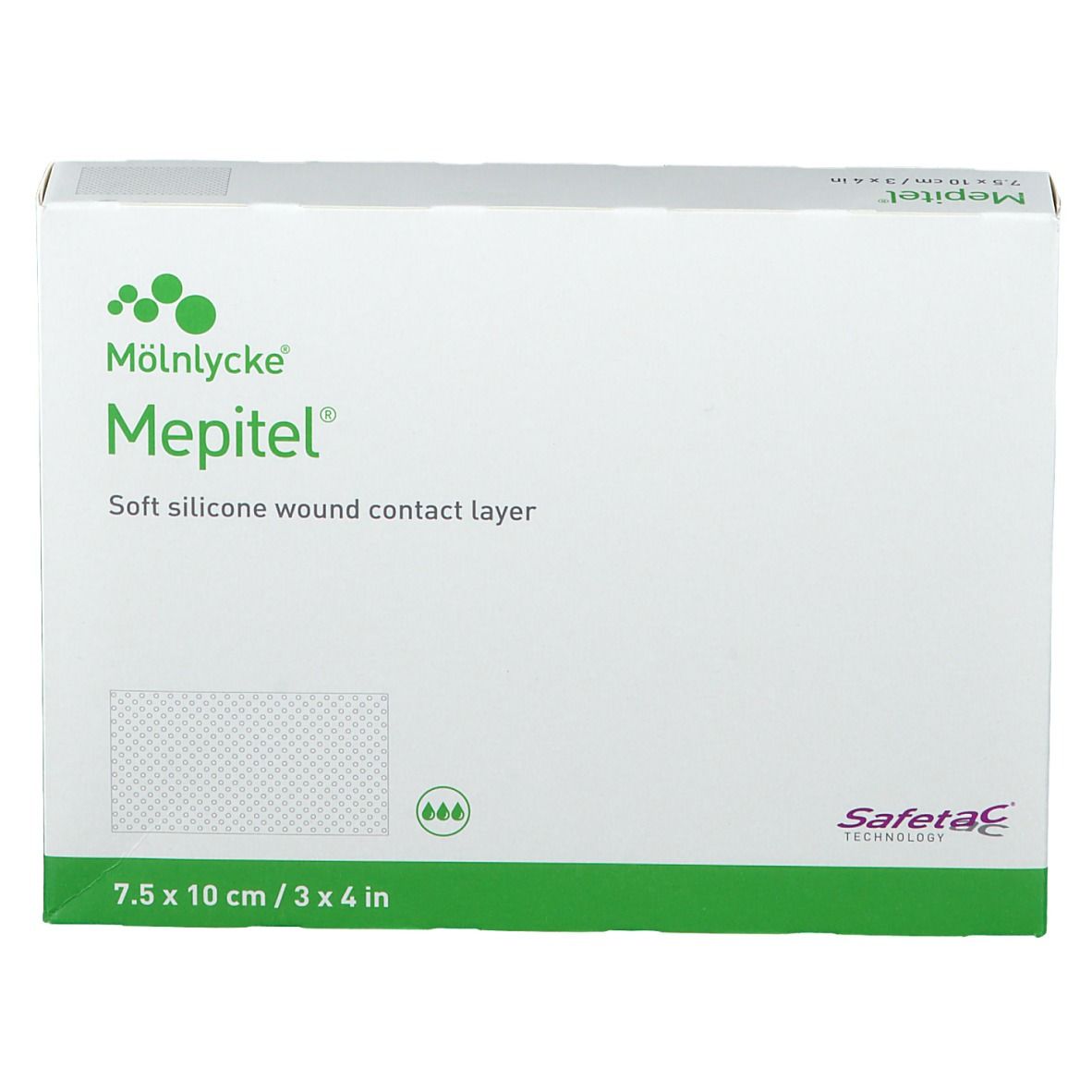 Boîte Mepitel. Carton blanc avec nom et logo du produit. Dimensions : 7,5 x 10 cm. Soft silicone wound contact layer.