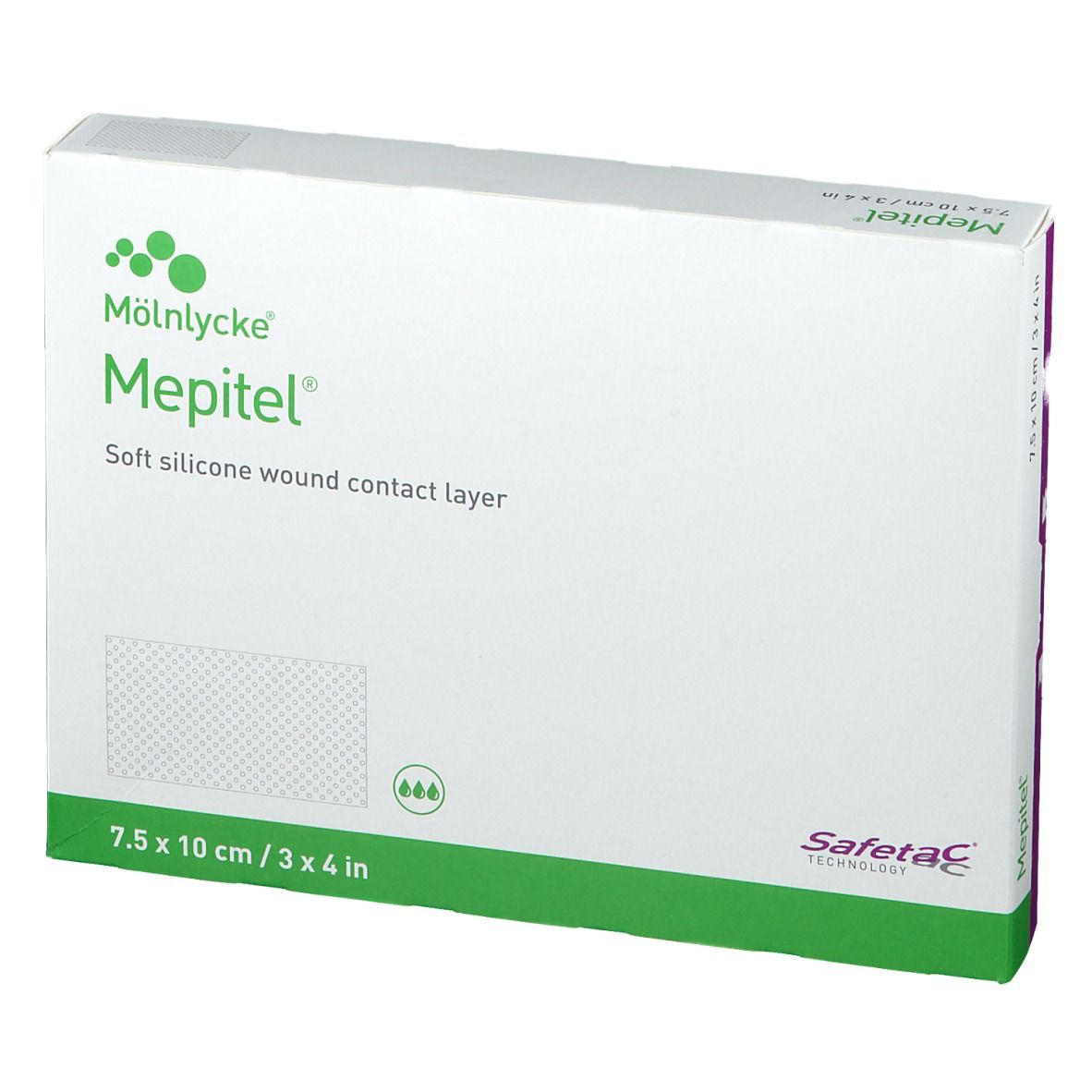 Boîte Mepitel, vue latérale. Carton blanc. Nom et logo du produit visibles. Dimensions : 7,5 x 10 cm. Soft silicone wound contact layer.